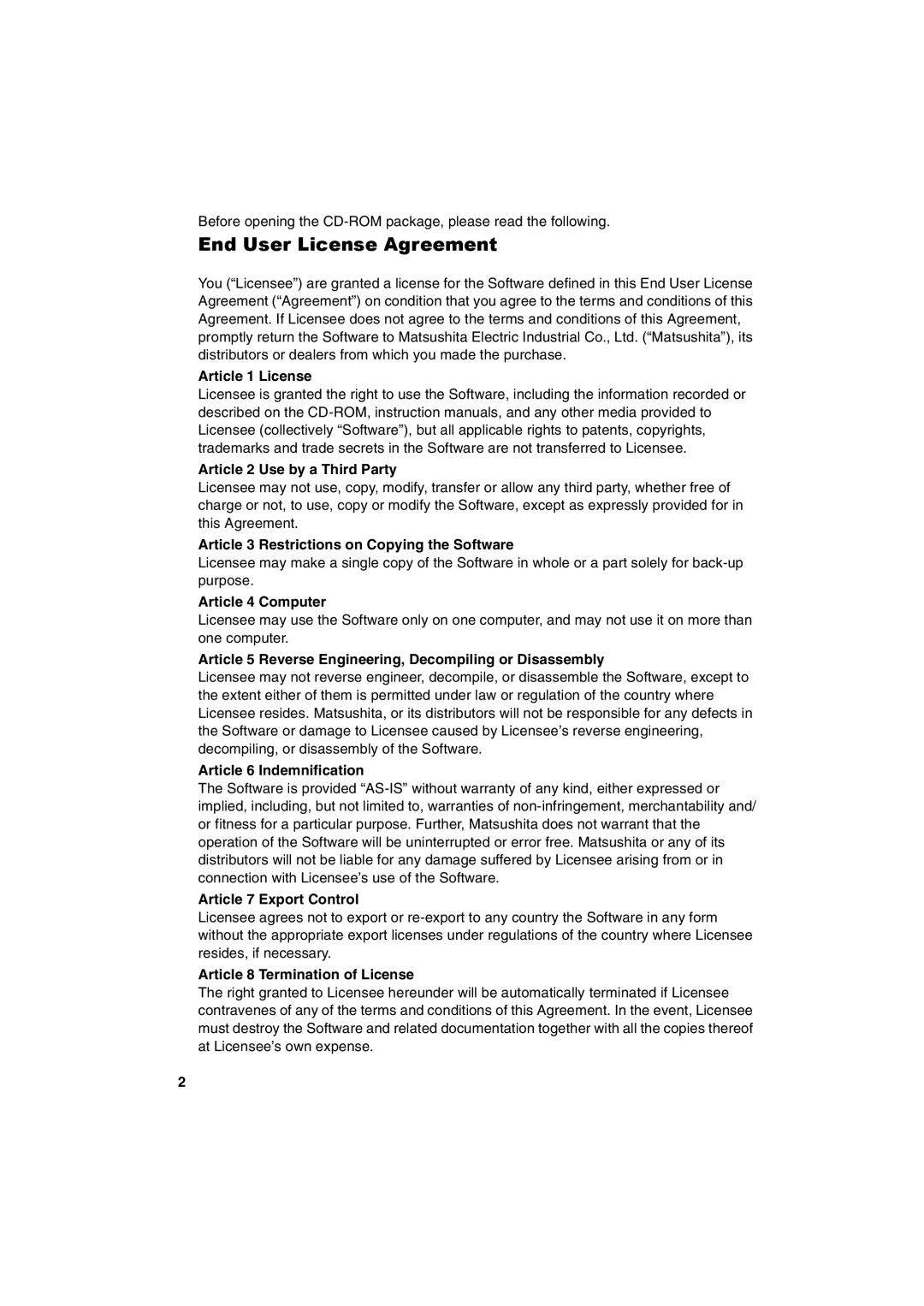 Panasonic SV-P20U manual End User License Agreement 