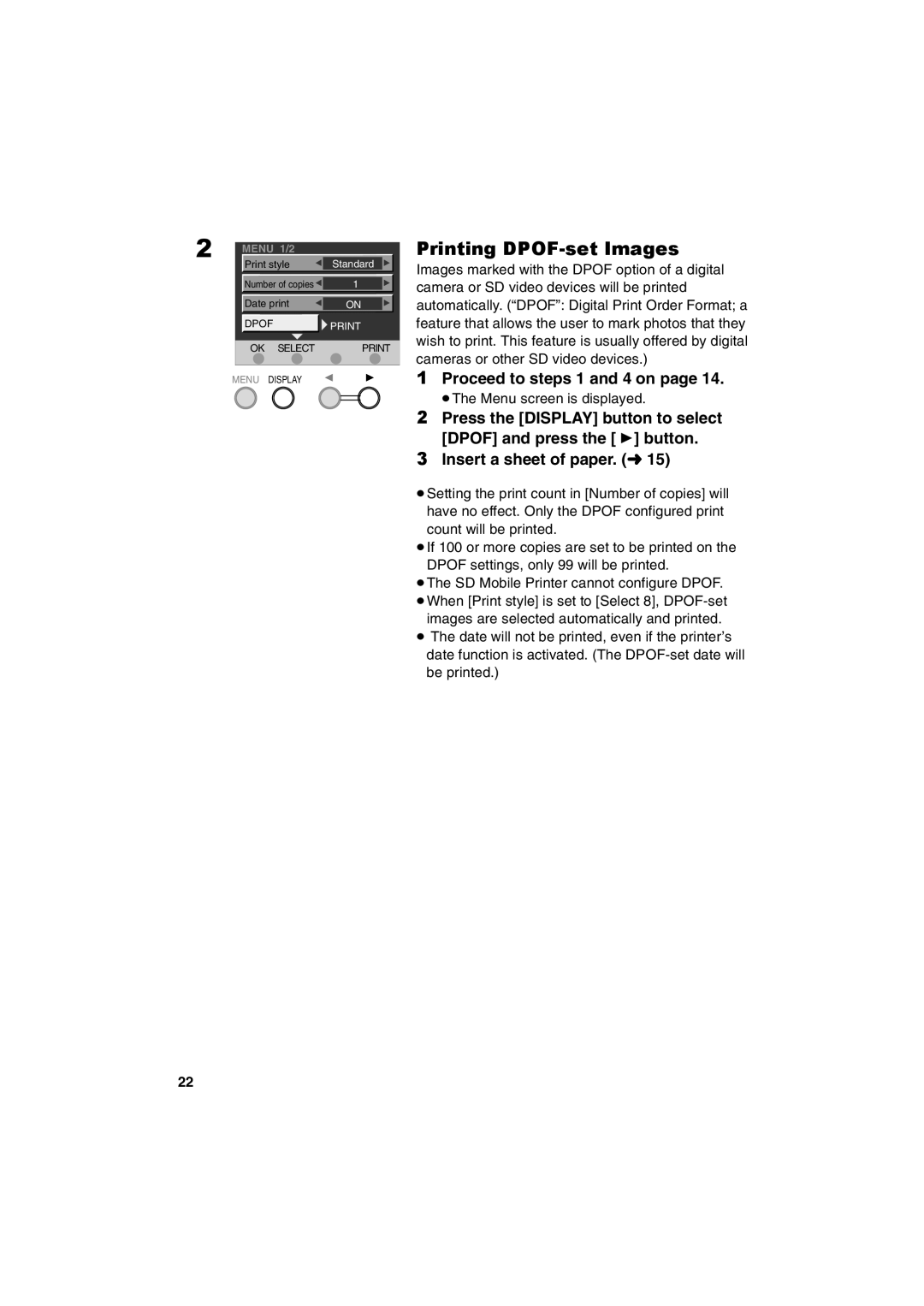 Panasonic SV-P20U manual Printing DPOF-set Images, Proceed to steps 1 and 4 on 