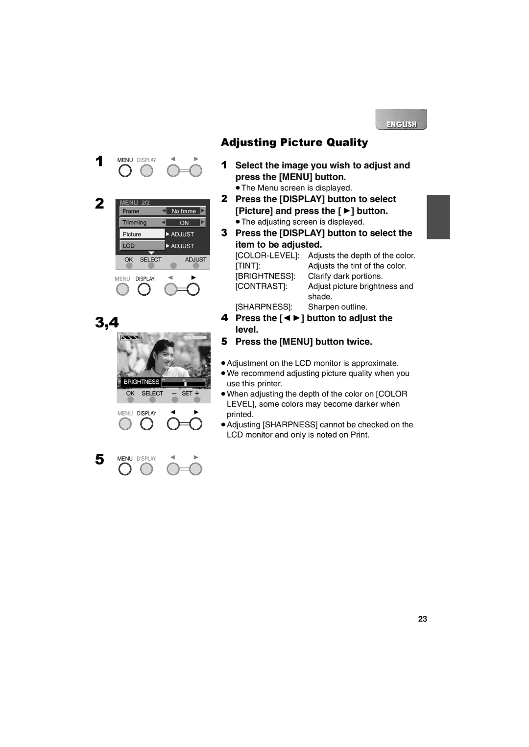 Panasonic SV-P20U manual Adjusting Picture Quality, Press the Display button to select the item to be adjusted 