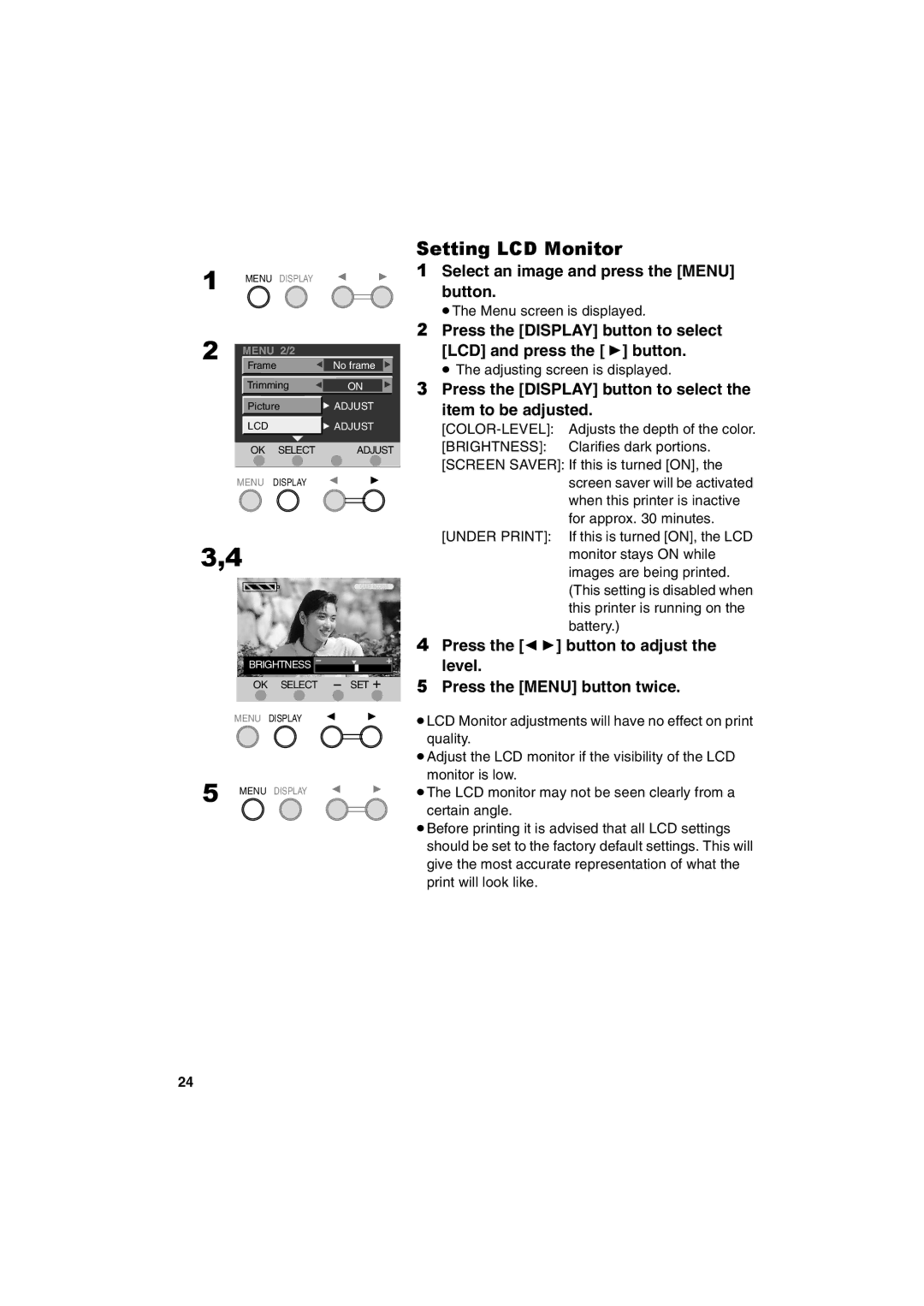 Panasonic SV-P20U manual Setting LCD Monitor, Select an image and press the Menu button 