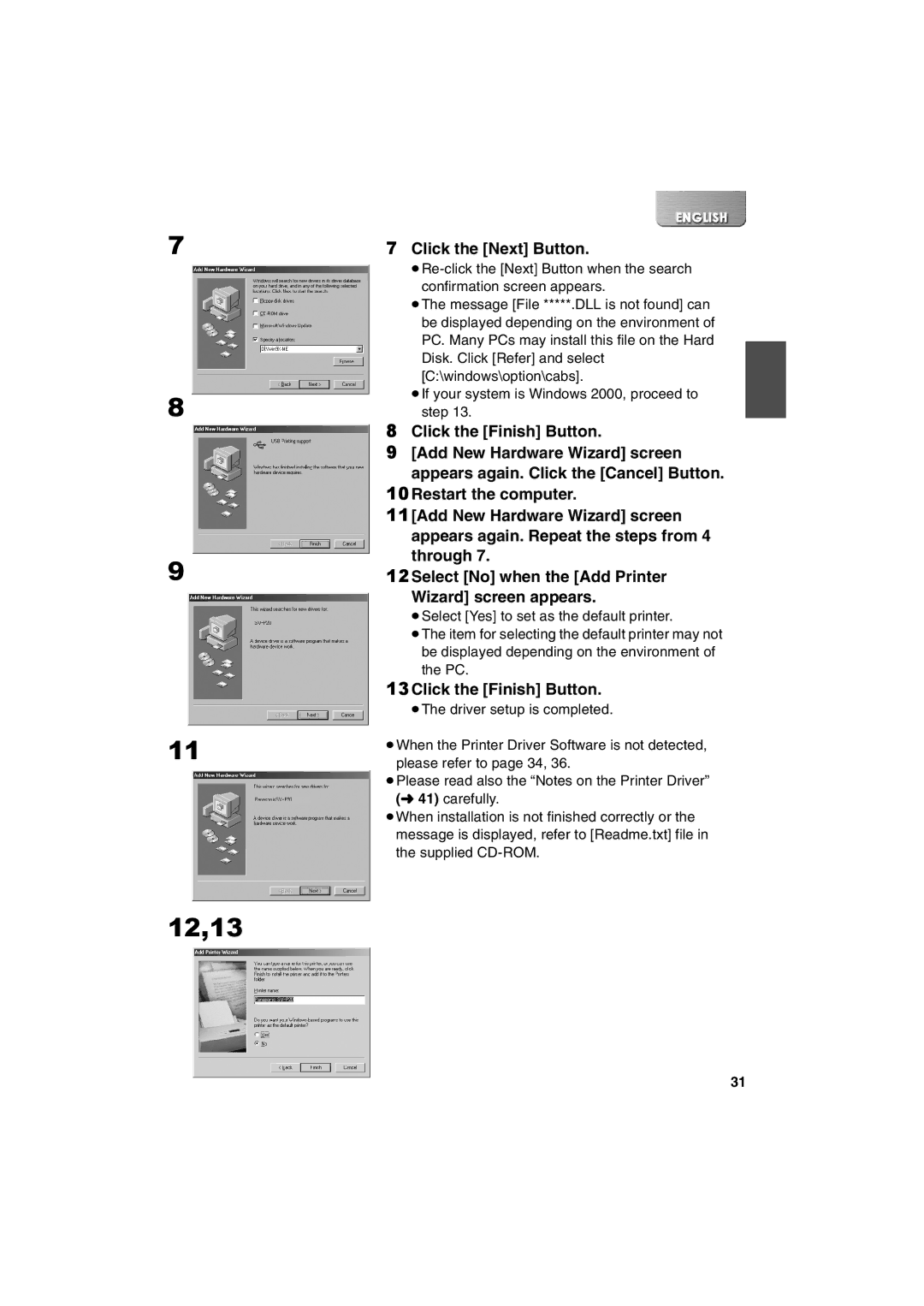 Panasonic SV-P20U manual 12,13, 13Click the Finish Button 