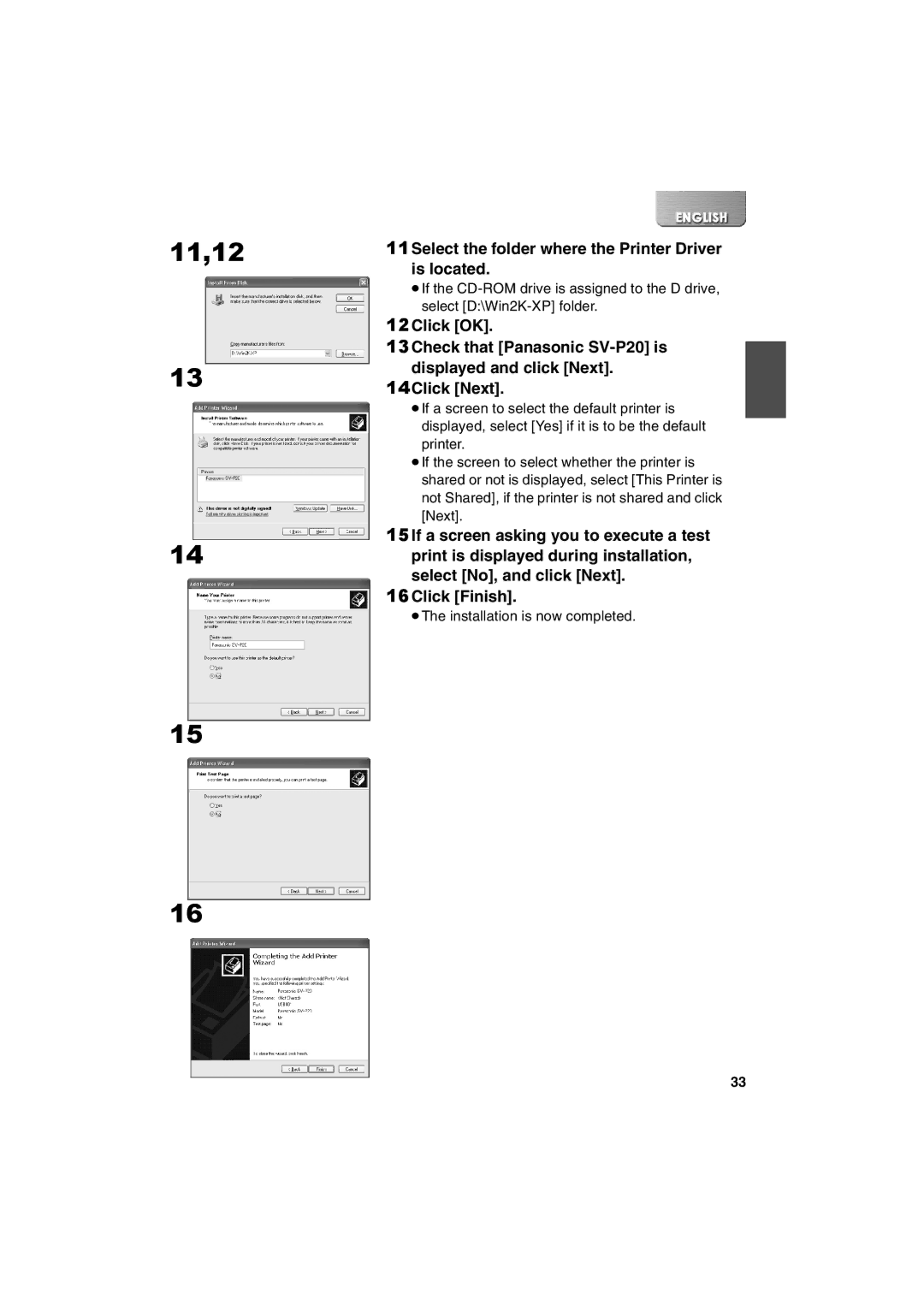 Panasonic SV-P20U manual 11,12, 11Select the folder where the Printer Driver is located 