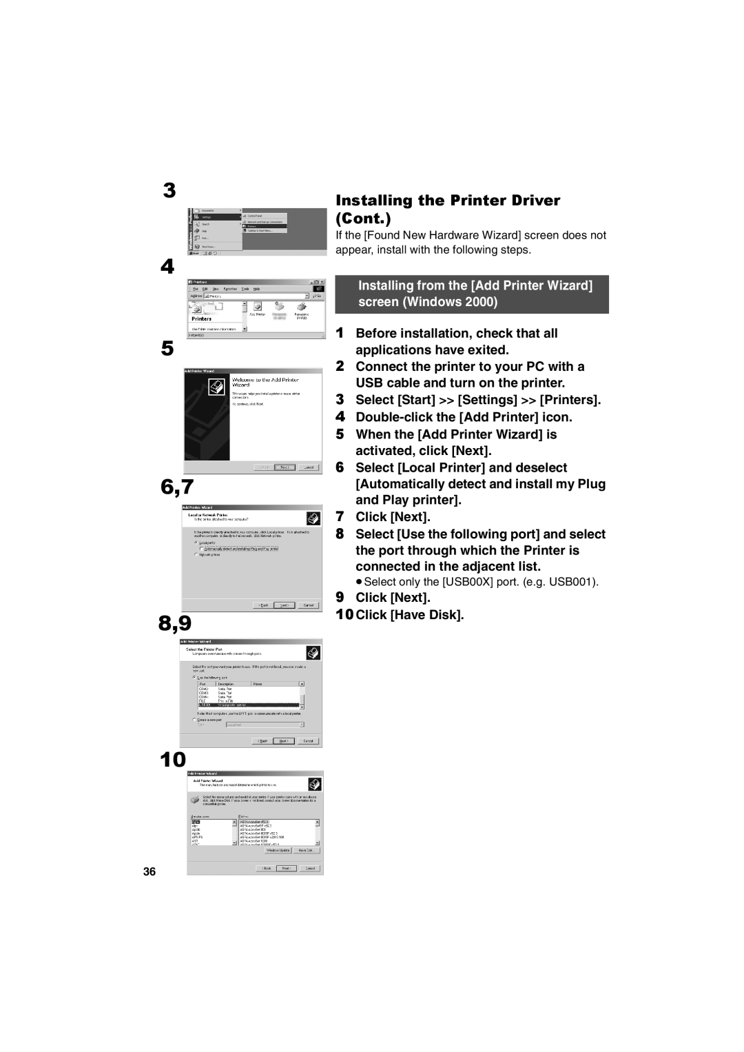 Panasonic SV-P20U manual Installing from the Add Printer Wizard screen Windows 