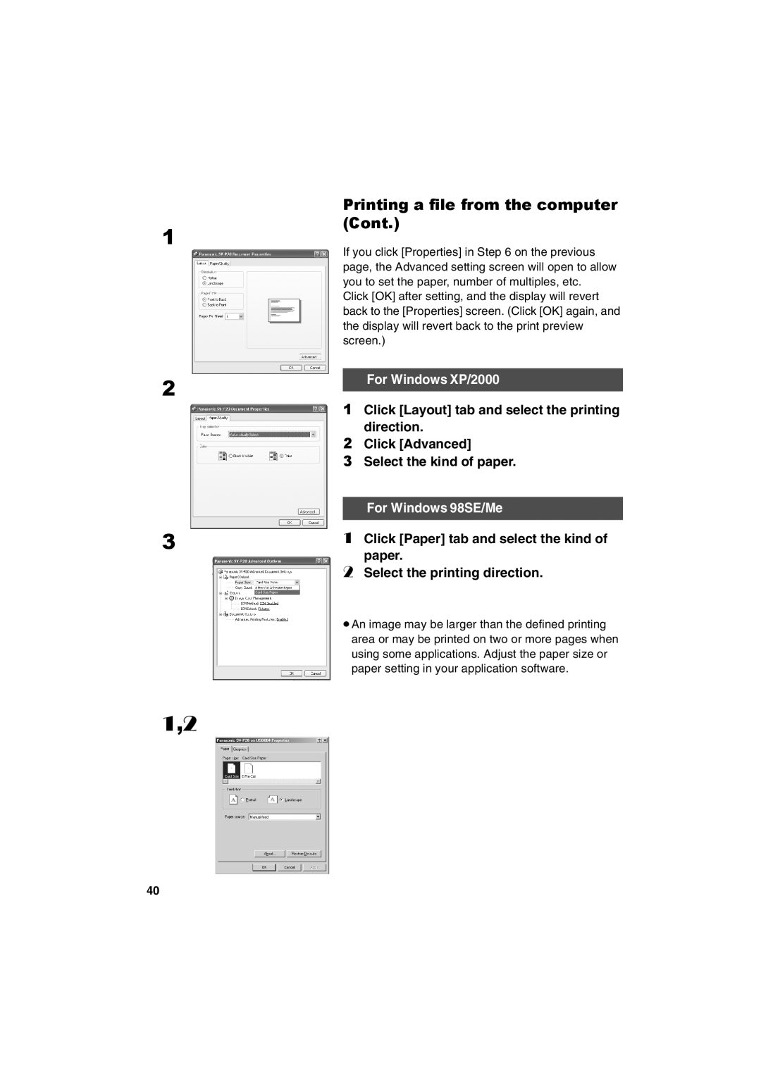 Panasonic SV-P20U manual Printing a file from the computer, For Windows XP/2000 