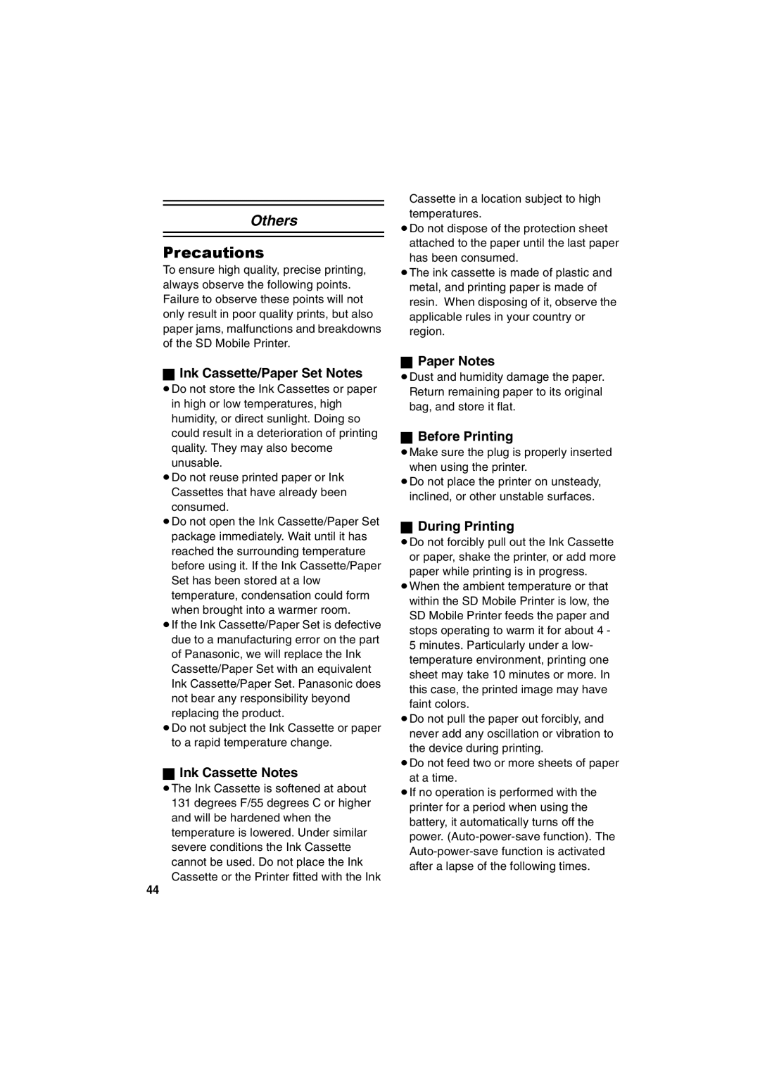 Panasonic SV-P20U manual Precautions 