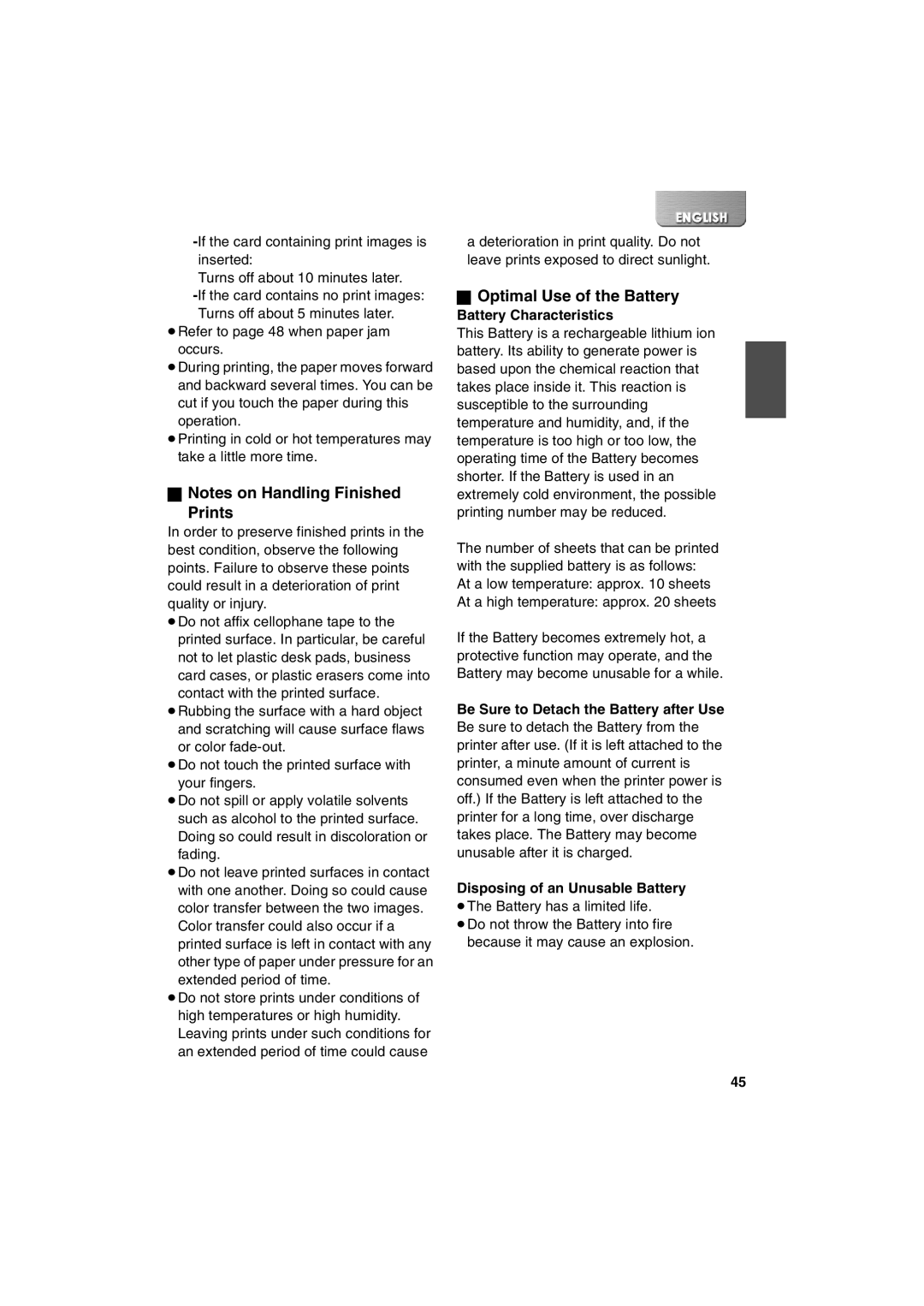 Panasonic SV-P20U Prints, Optimal Use of the Battery, Battery Characteristics, Be Sure to Detach the Battery after Use 