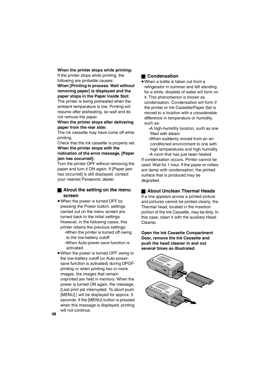 Panasonic SV-P20U manual About the setting on the menu Screen, Condensation, About Unclean Thermal Heads 