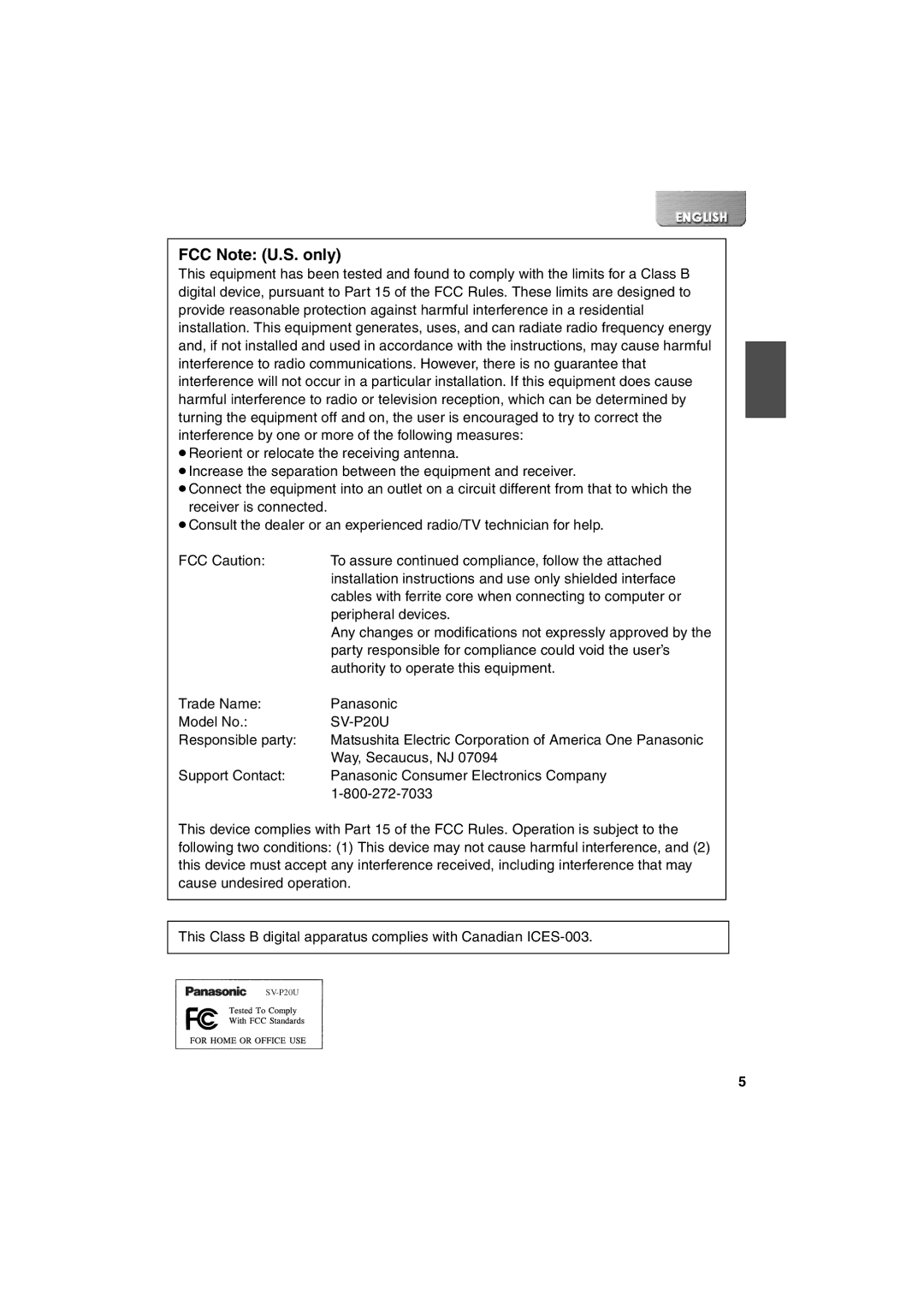 Panasonic SV-P20U manual FCC Note U.S. only 