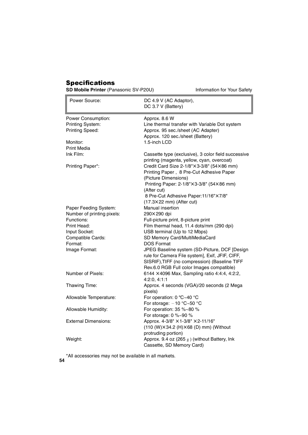 Panasonic SV-P20U manual Specifications 