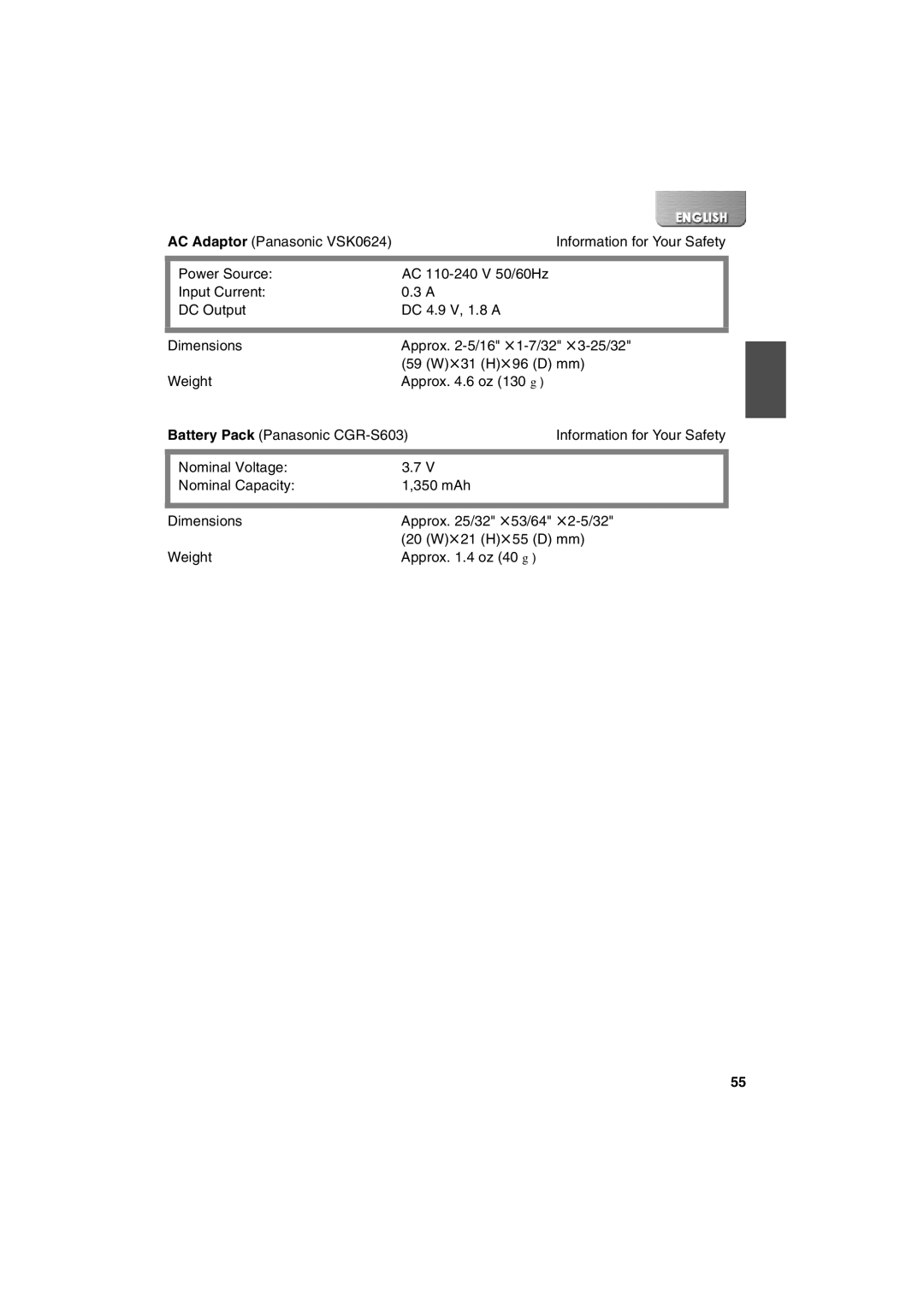 Panasonic SV-P20U manual AC Adaptor Panasonic VSK0624 