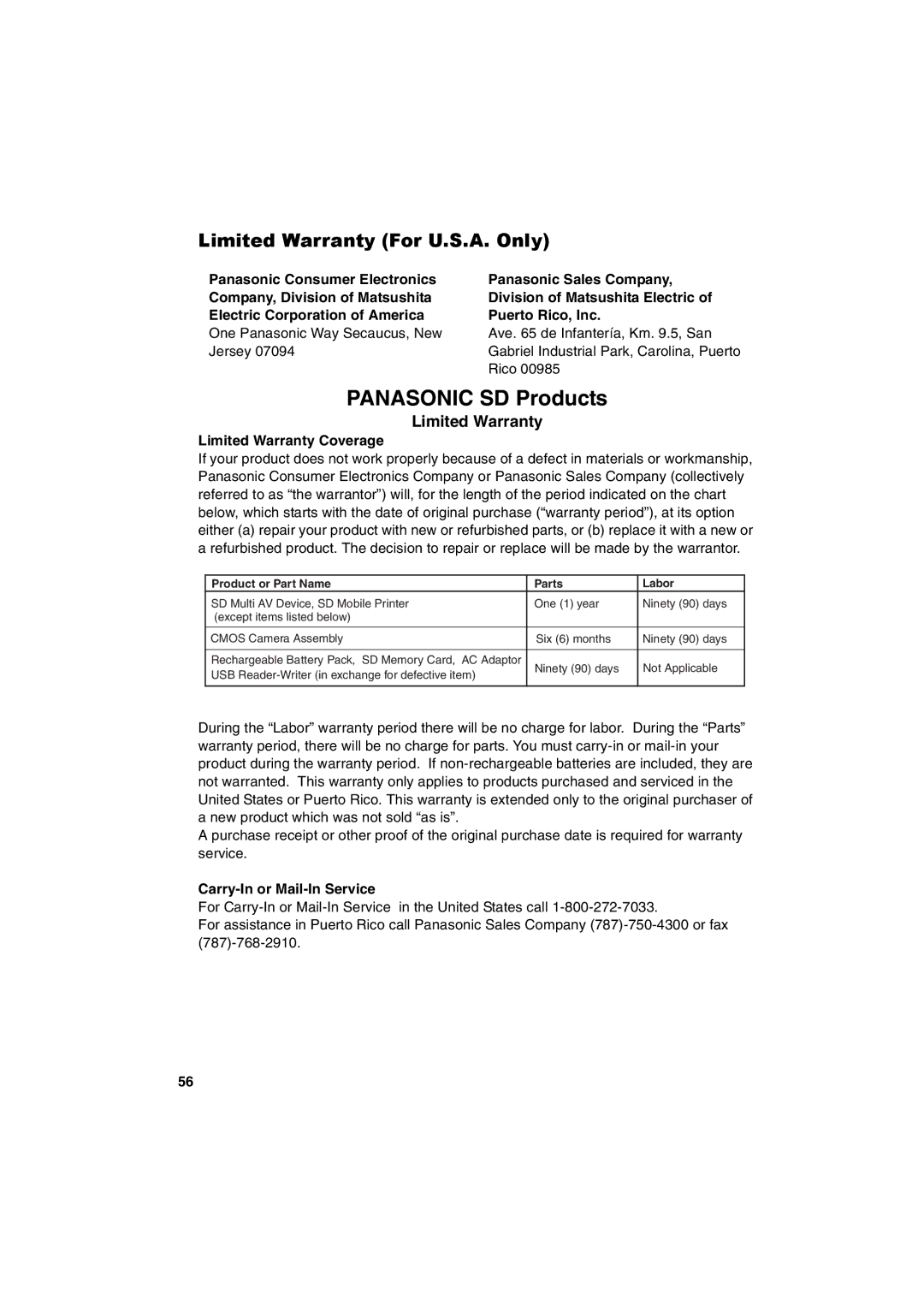 Panasonic SV-P20U manual Limited Warranty For U.S.A. Only, Limited Warranty Coverage, Carry-In or Mail-In Service 