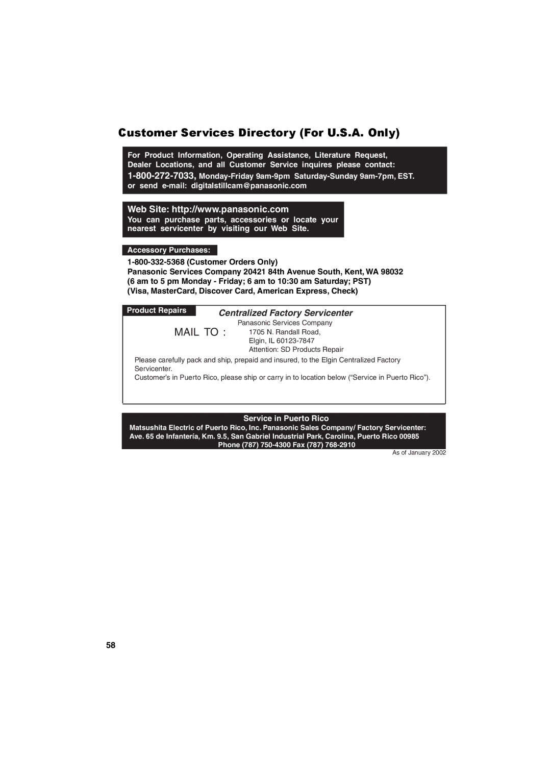 Panasonic SV-P20U manual Customer Services Directory For U.S.A. Only, Product Repairs 