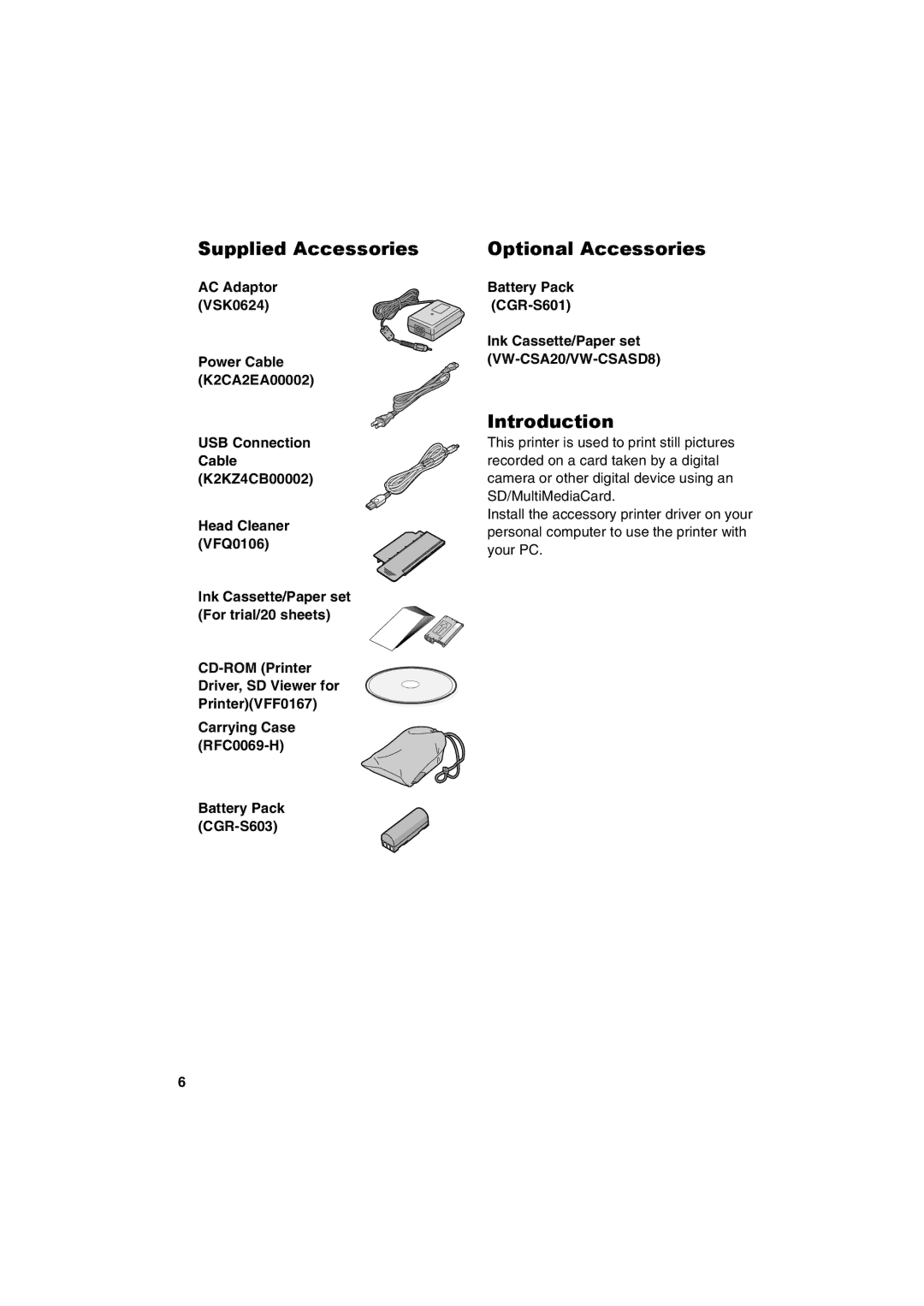 Panasonic SV-P20U manual Supplied Accessories, Optional Accessories, Introduction, Battery Pack CGR-S603 