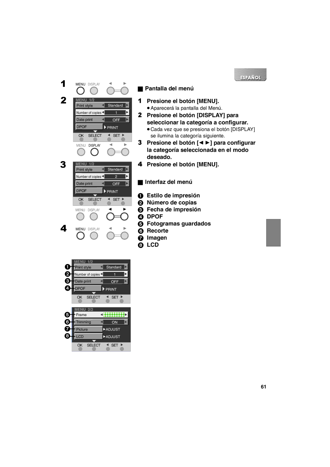 Panasonic SV-P20U manual Pantalla del menú Presione el botón Menu, Fotogramas guardados Recorte Imagen 