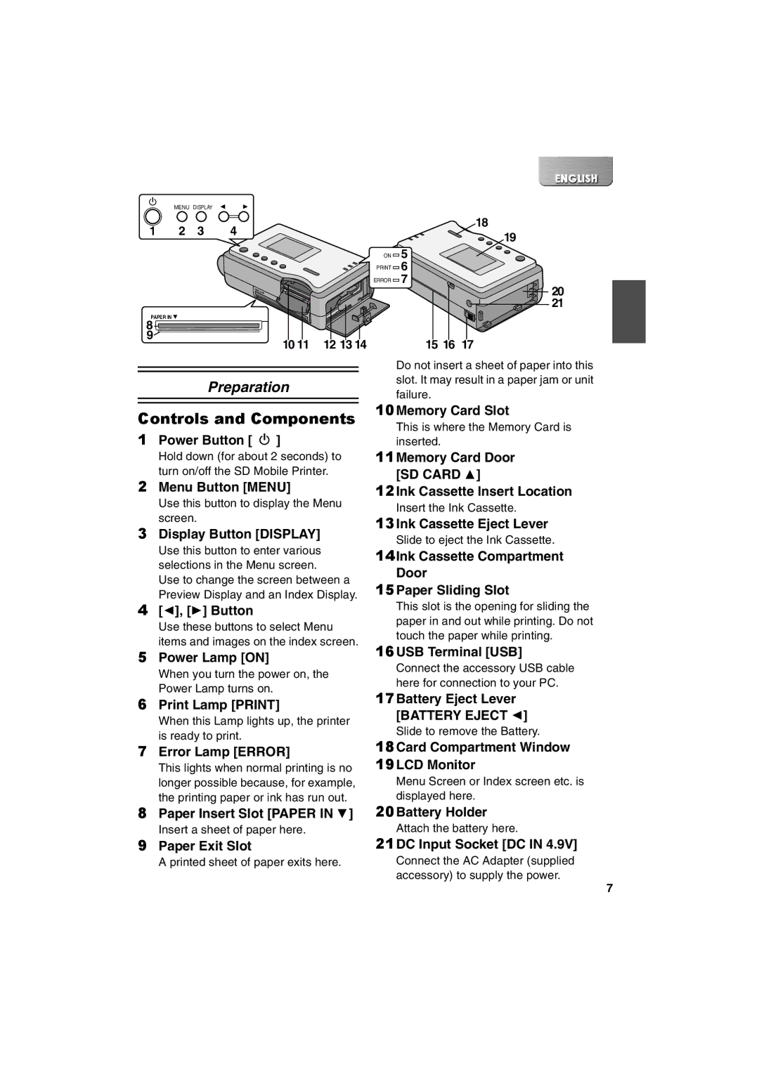 Panasonic SV-P20U manual Controls and Components 