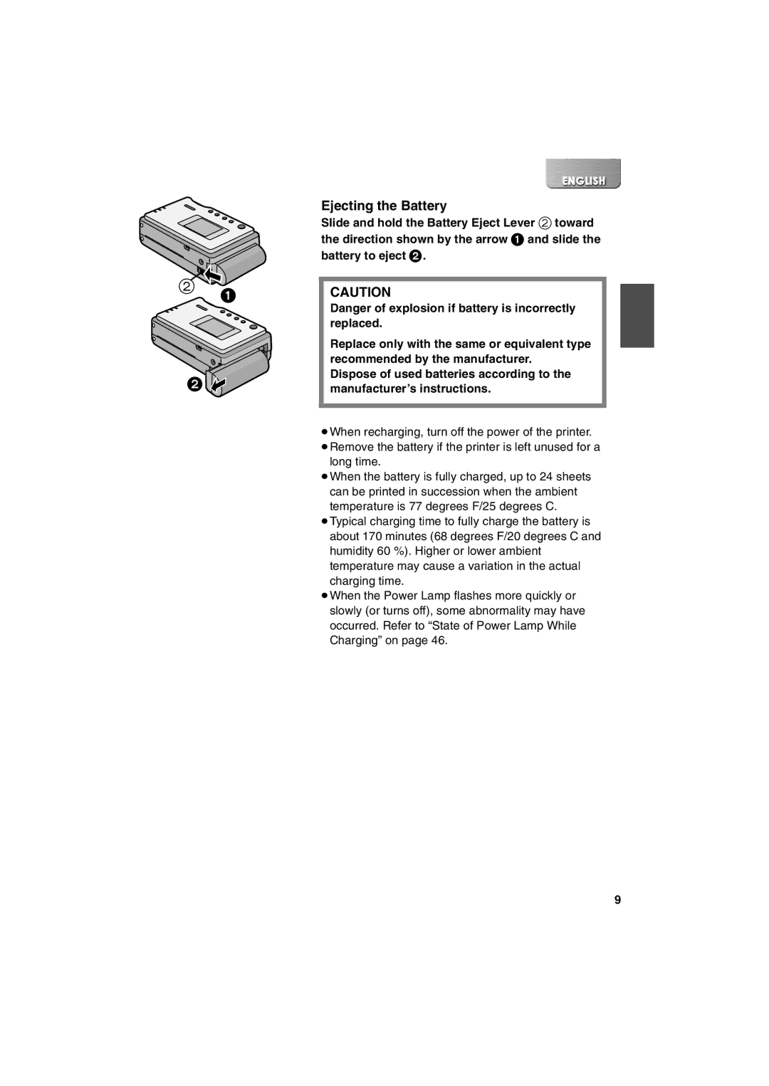 Panasonic SV-P20U manual Ejecting the Battery 