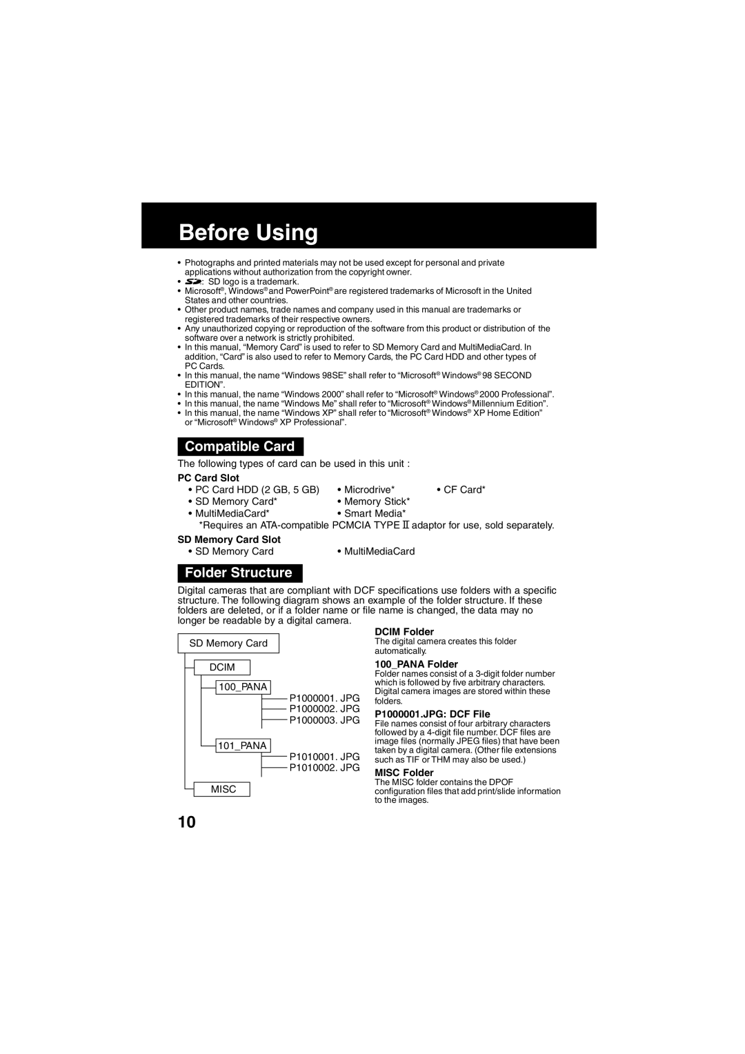 Panasonic SV-PT1PP operating instructions Before Using, Compatible Card, Folder Structure 