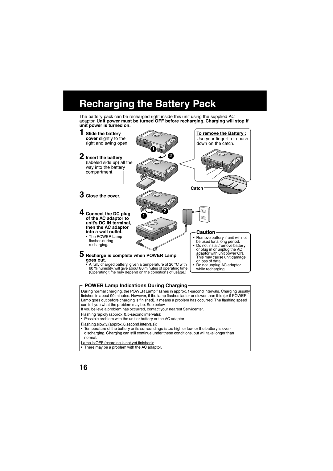 Panasonic SV-PT1PP Recharging the Battery Pack, Power Lamp Indications During Charging, To remove the Battery, Catch 