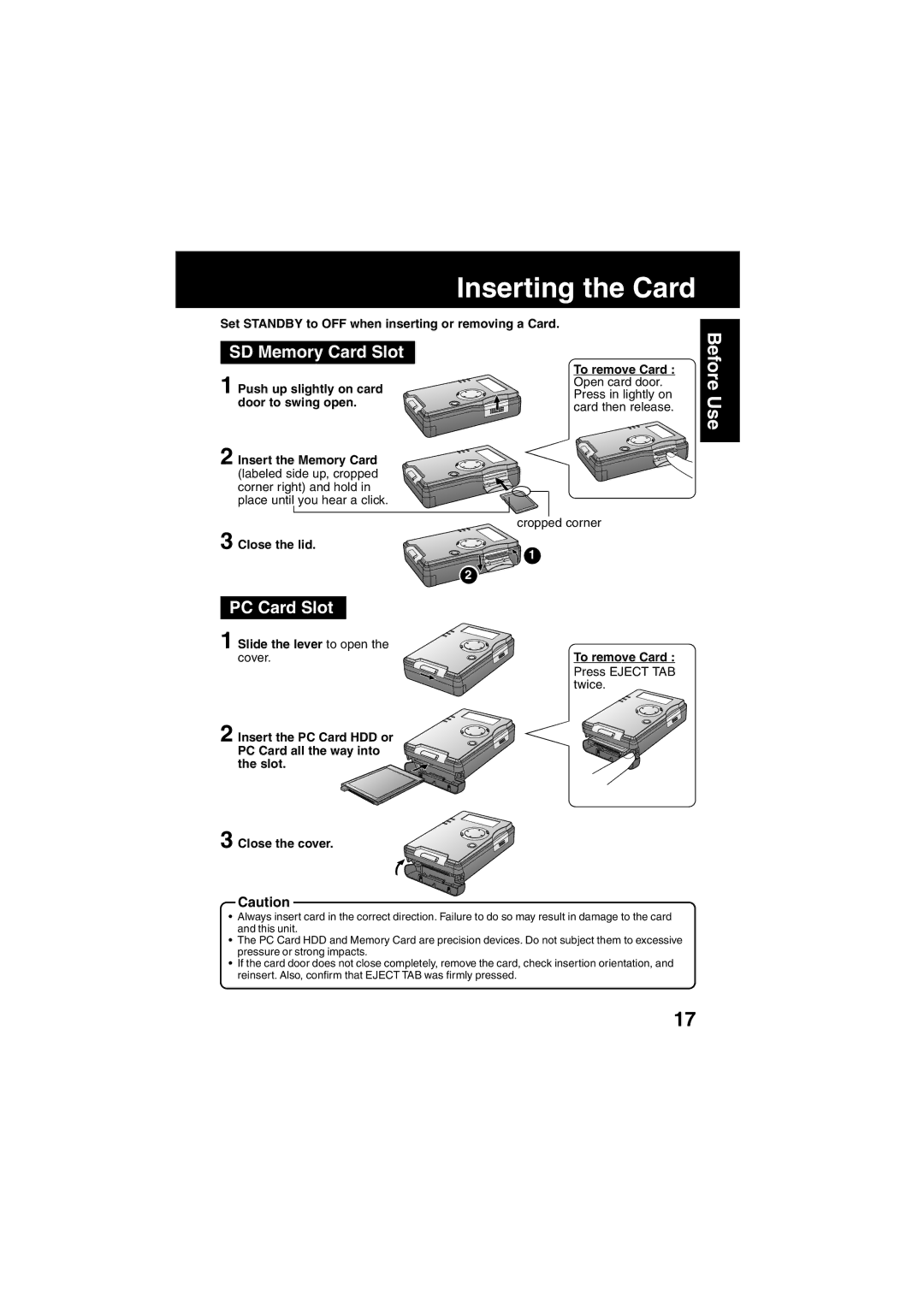 Panasonic SV-PT1PP operating instructions Inserting the Card, SD Memory Card Slot, PC Card Slot 