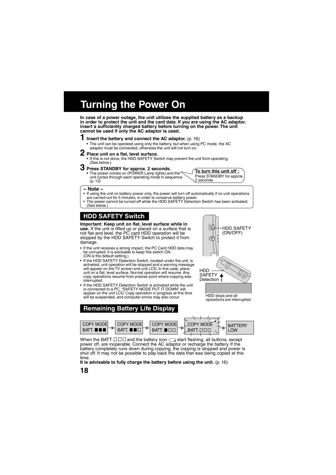 Panasonic SV-PT1PP operating instructions Turning the Power On, HDD Safety Switch, Remaining Battery Life Display 