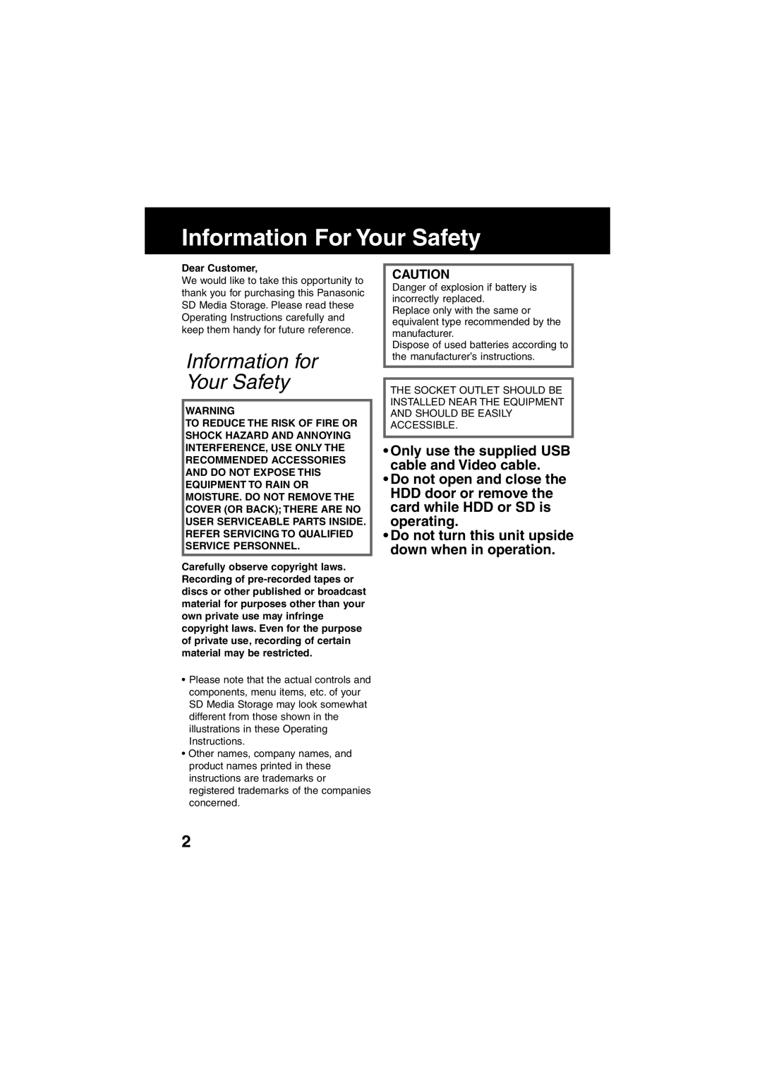 Panasonic SV-PT1PP operating instructions Information For Your Safety, Dear Customer 