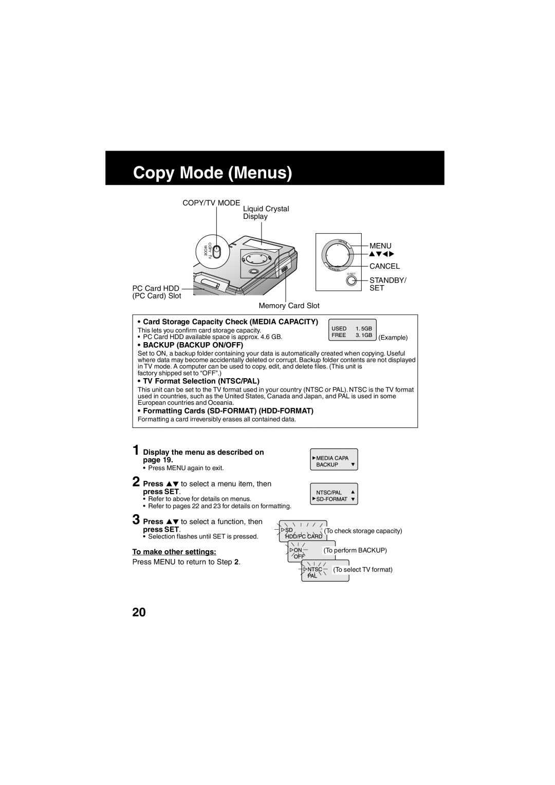 Panasonic SV-PT1PP operating instructions Copy Mode Menus 