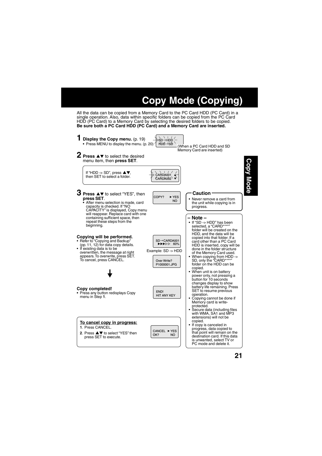 Panasonic SV-PT1PP Copy Mode Copying, Press, Copying will be performed, Copy completed, To cancel copy in progress 