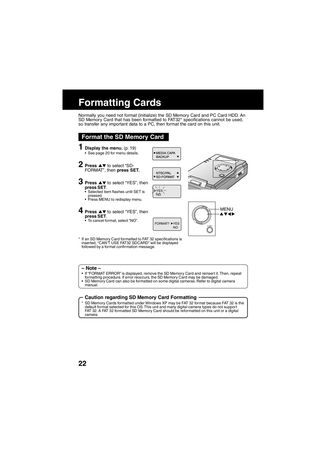 Panasonic SV-PT1PP operating instructions Formatting Cards, Format the SD Memory Card, Display the menu. p 