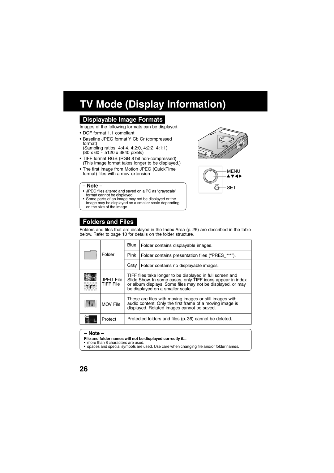 Panasonic SV-PT1PP TV Mode Display Information, Displayable Image Formats, Folders and Files, Menu SET, Iff 