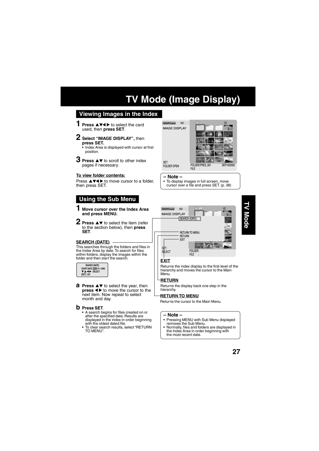 Panasonic SV-PT1PP operating instructions TV Mode Image Display, Viewing Images in the Index, Using the Sub Menu 