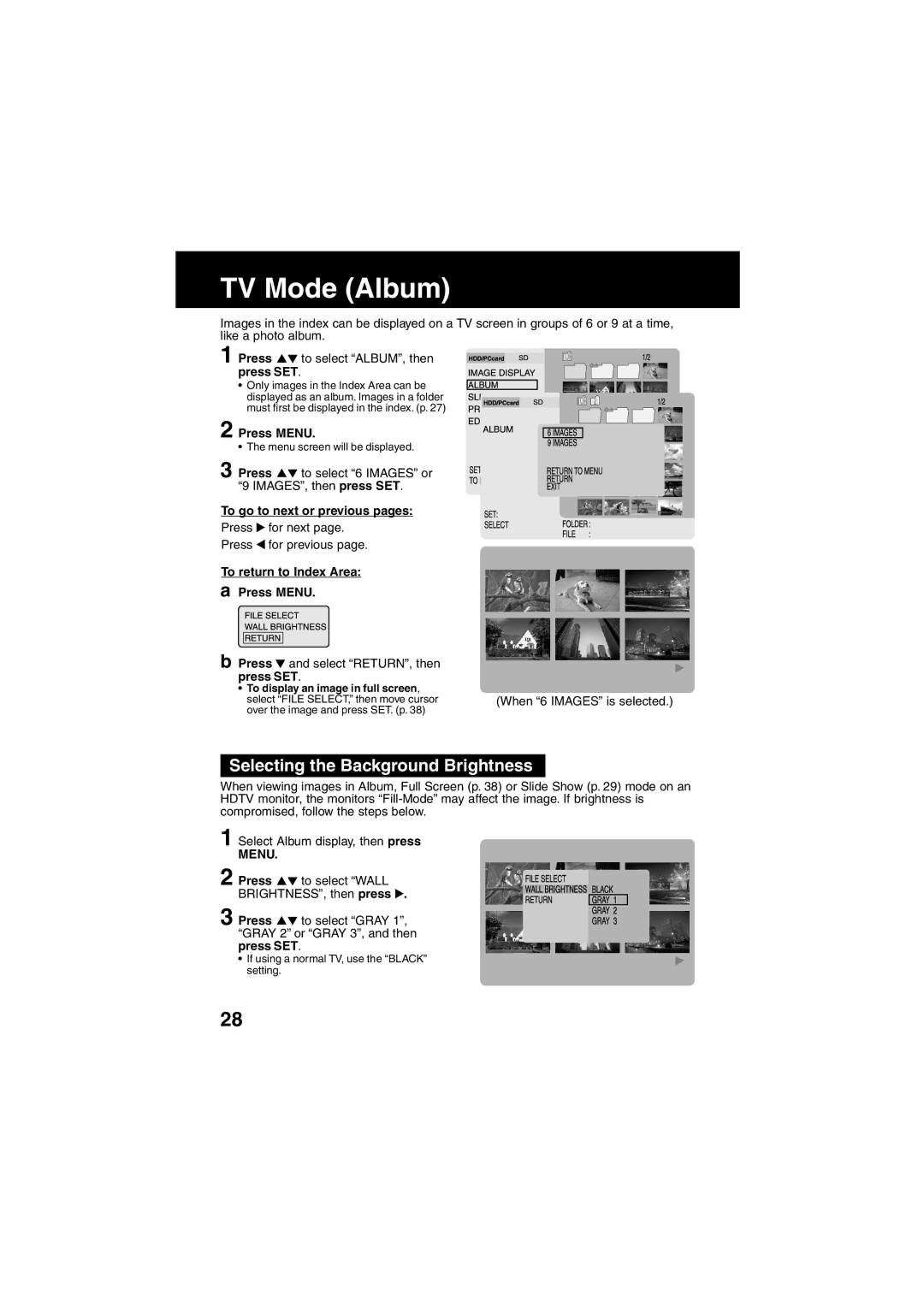 Panasonic SV-PT1PP TV Mode Album, Selecting the Background Brightness, To go to next or previous pages 