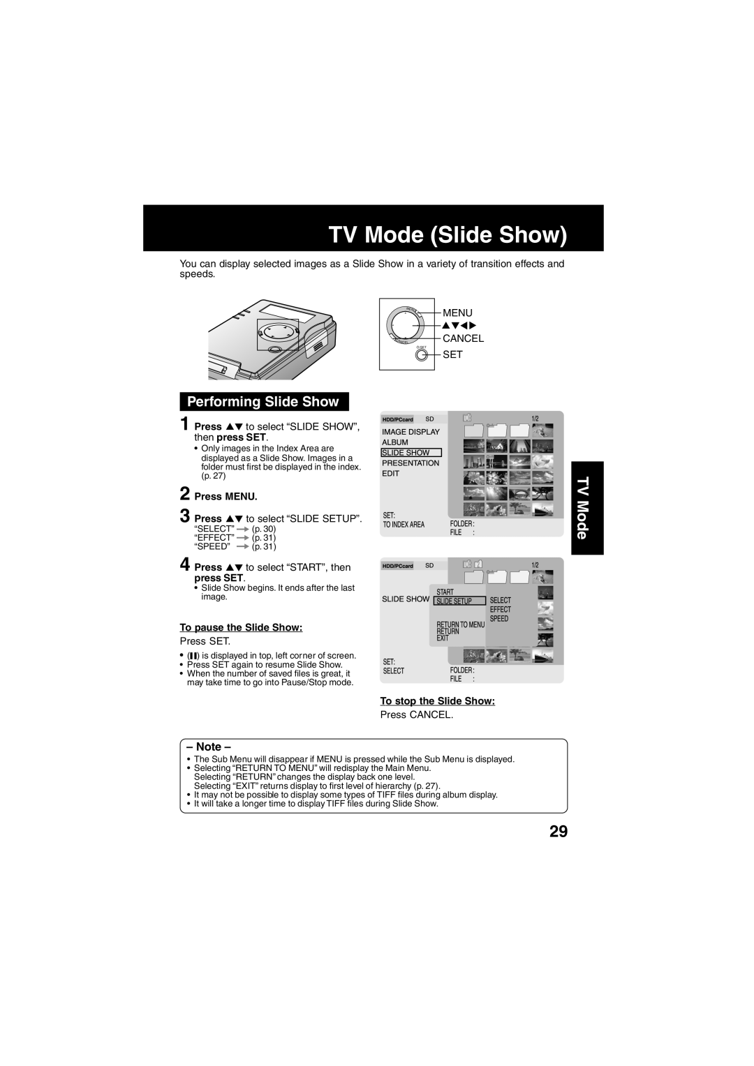 Panasonic SV-PT1PP TV Mode Slide Show, Performing Slide Show, Menu Cancel SET, To pause the Slide Show 