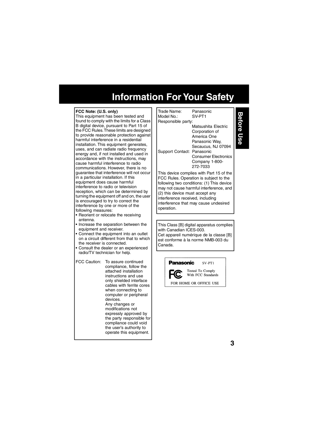 Panasonic SV-PT1PP operating instructions FCC Note U.S. only 