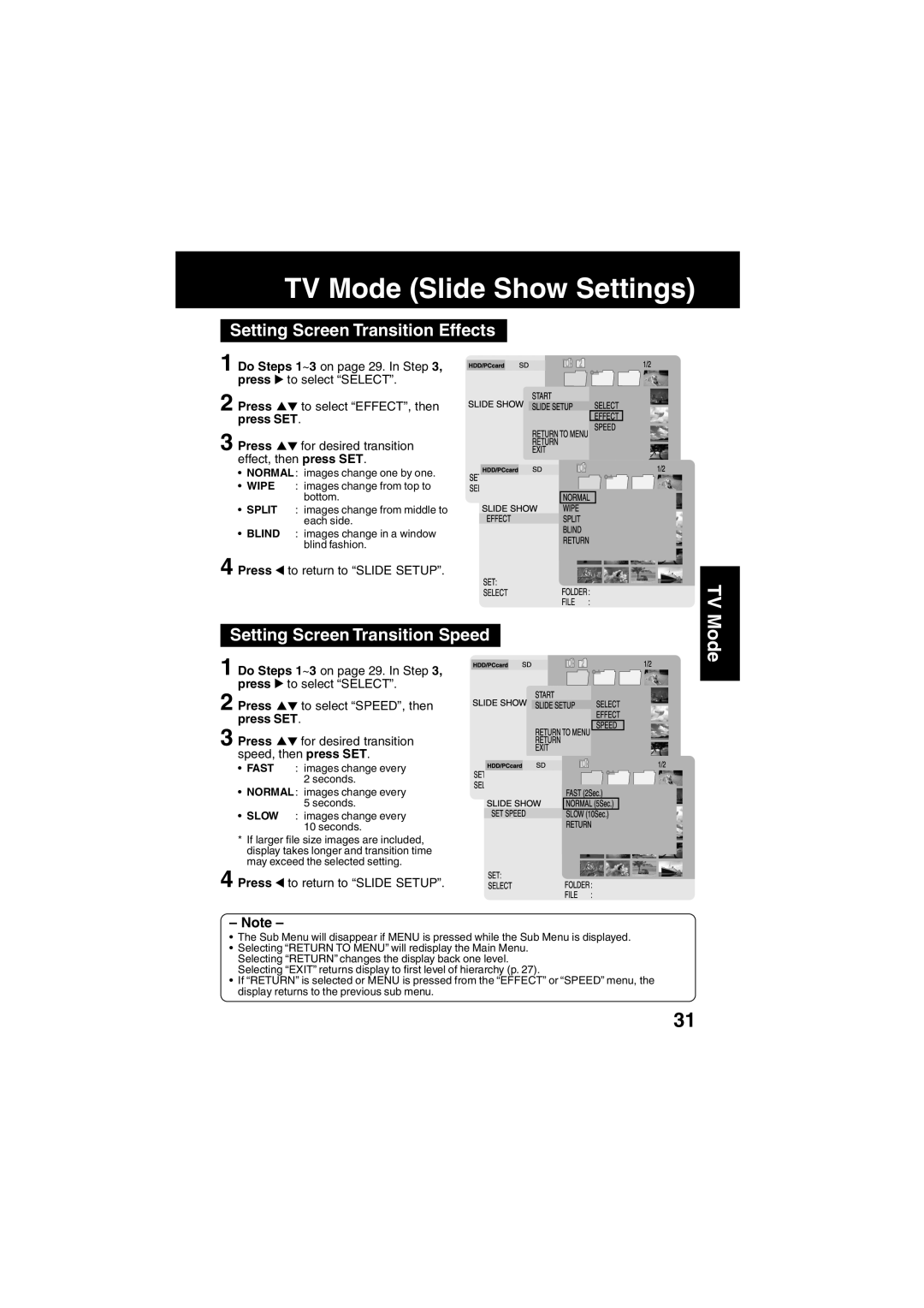 Panasonic SV-PT1PP operating instructions Setting Screen Transition Effects, Setting Screen Transition Speed 