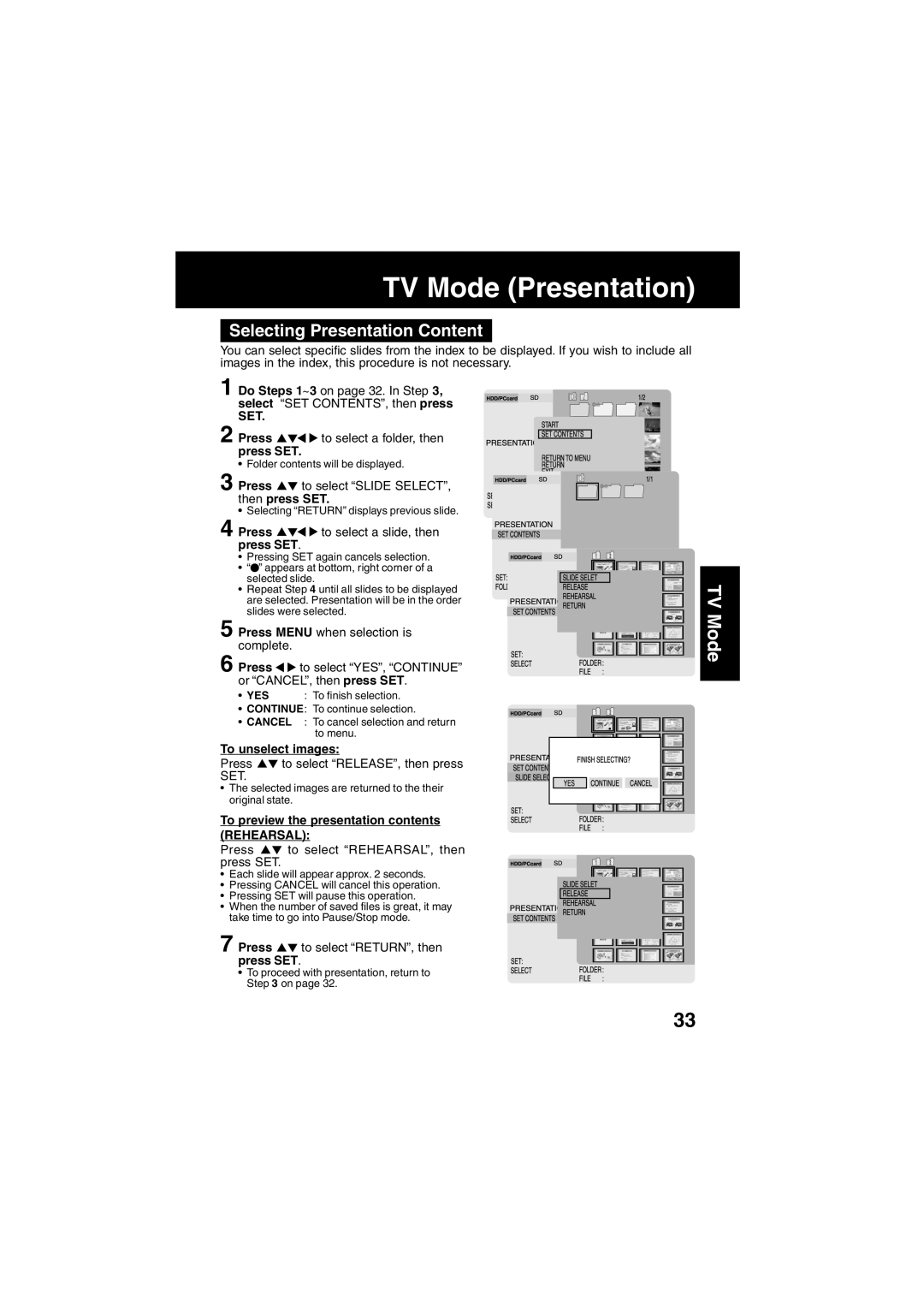 Panasonic SV-PT1PP Selecting Presentation Content, To unselect images, To preview the presentation contents Rehearsal 