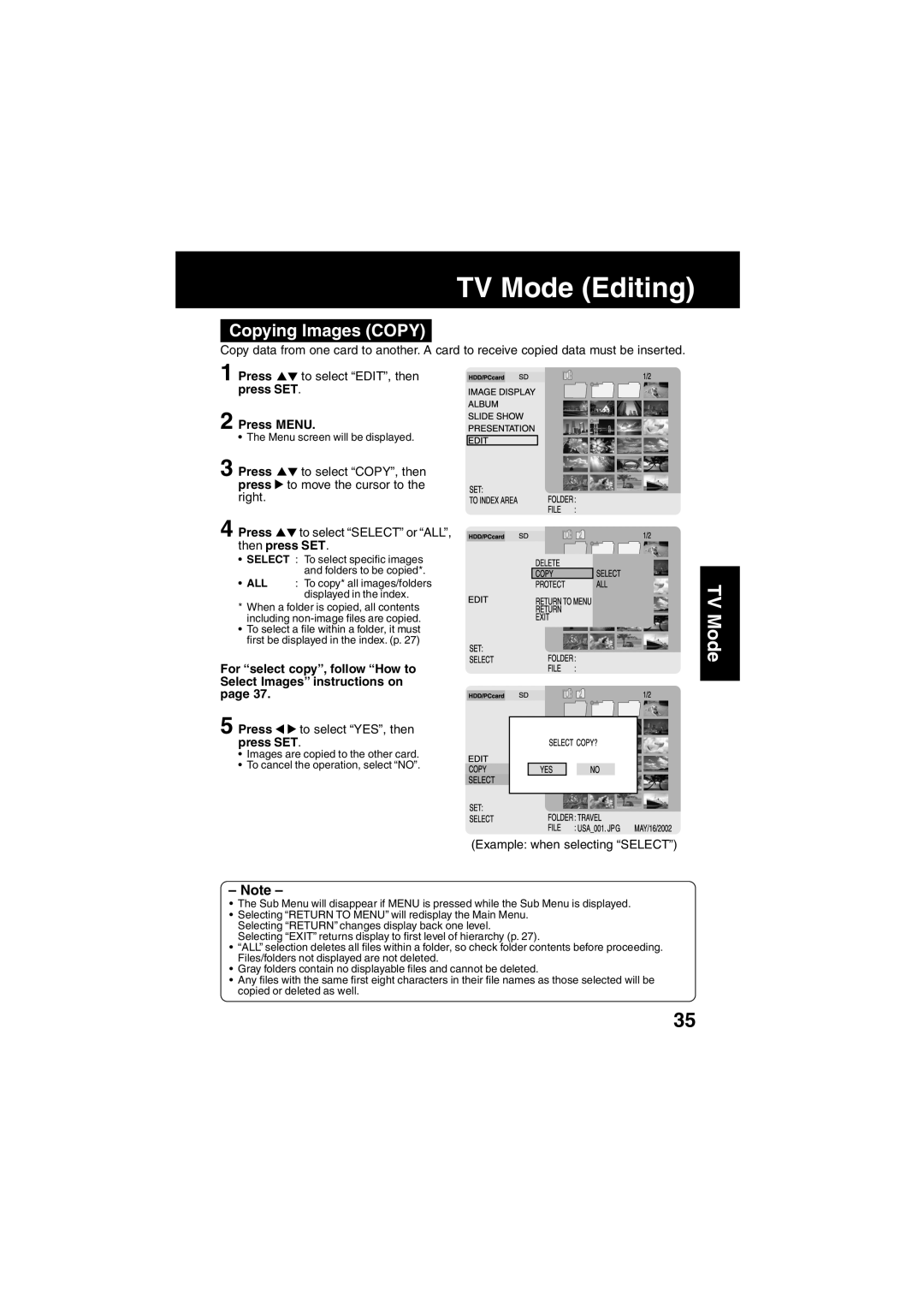 Panasonic SV-PT1PP operating instructions Copying Images Copy, For select copy, follow How to Select Images instructions on 