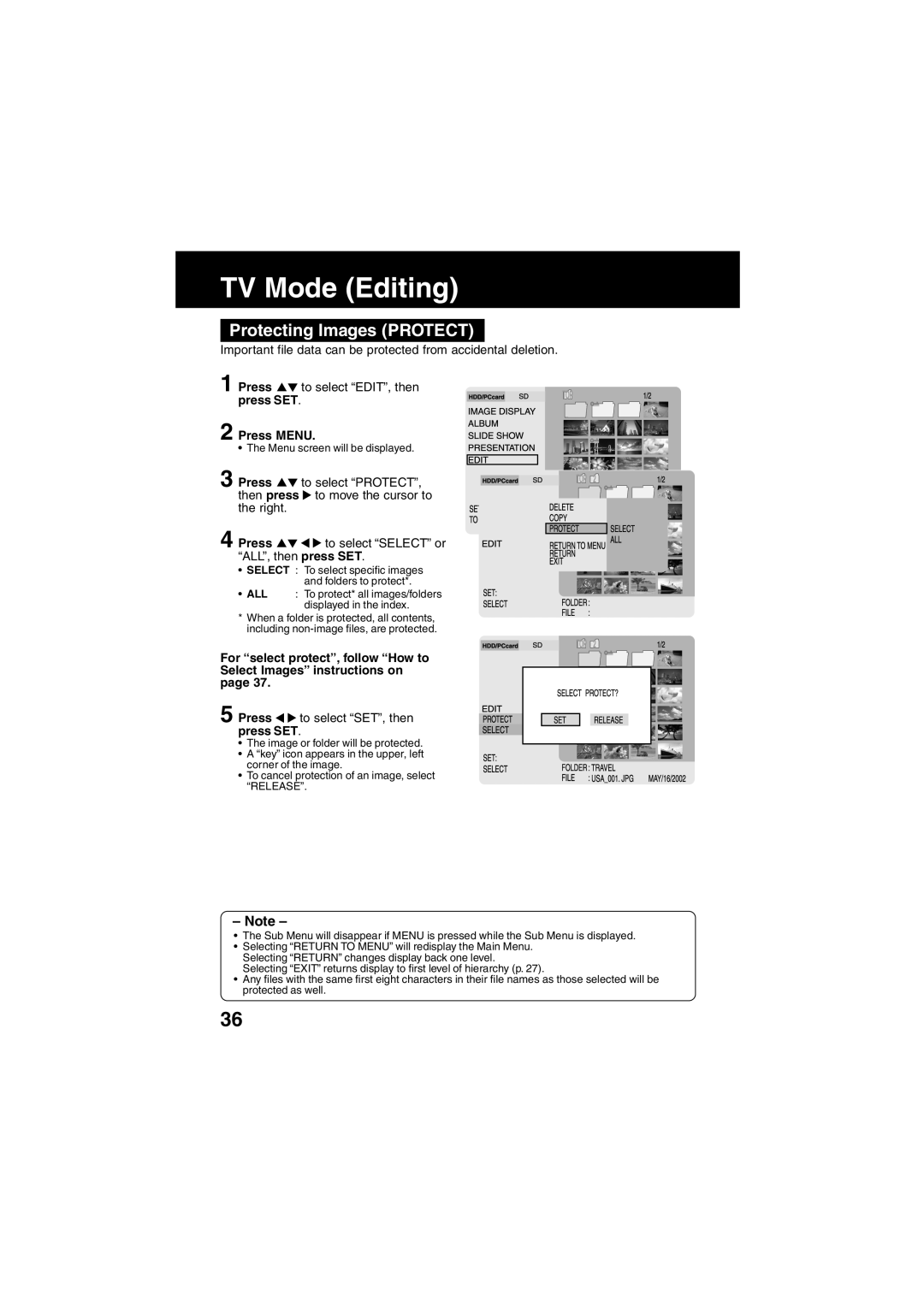 Panasonic SV-PT1PP operating instructions Protecting Images Protect 