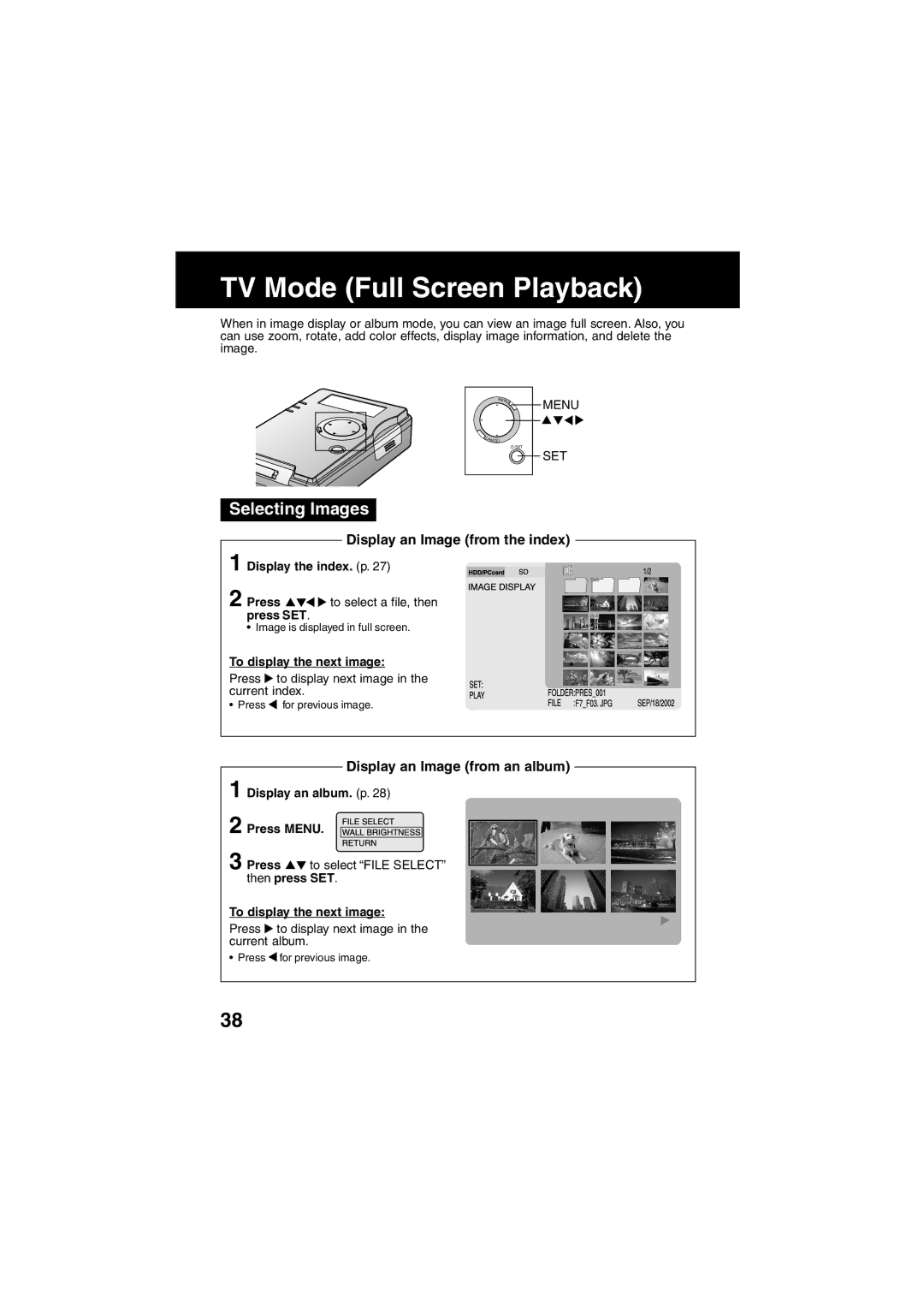 Panasonic SV-PT1PP TV Mode Full Screen Playback, Display an Image from the index, Display an Image from an album 