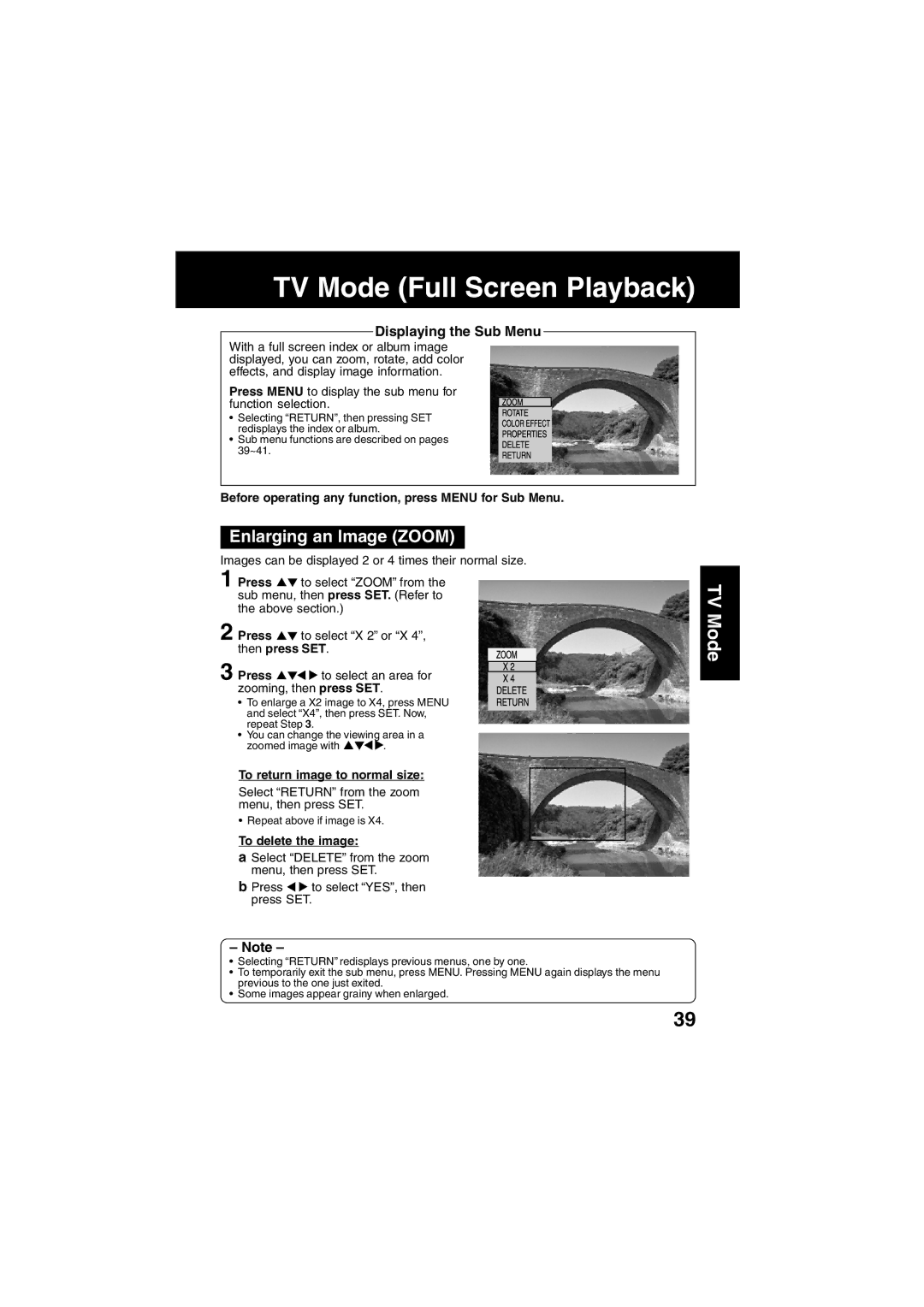 Panasonic SV-PT1PP Enlarging an Image Zoom, Displaying the Sub Menu, To return image to normal size, To delete the image 