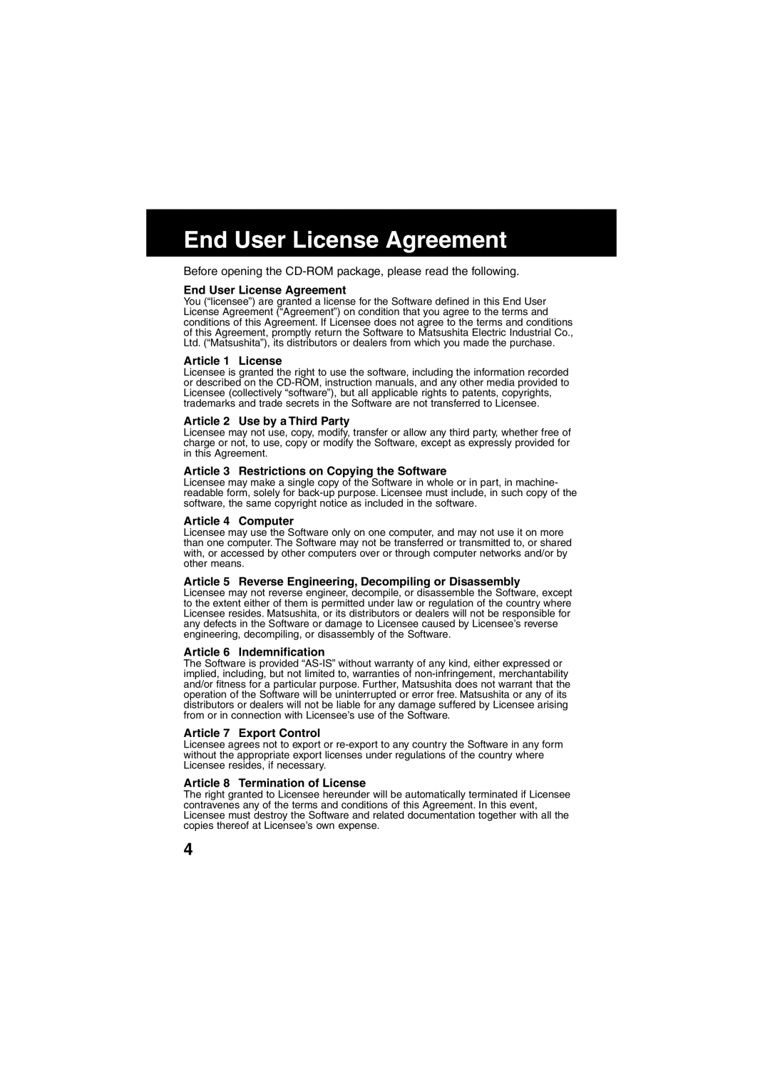 Panasonic SV-PT1PP operating instructions End User License Agreement 