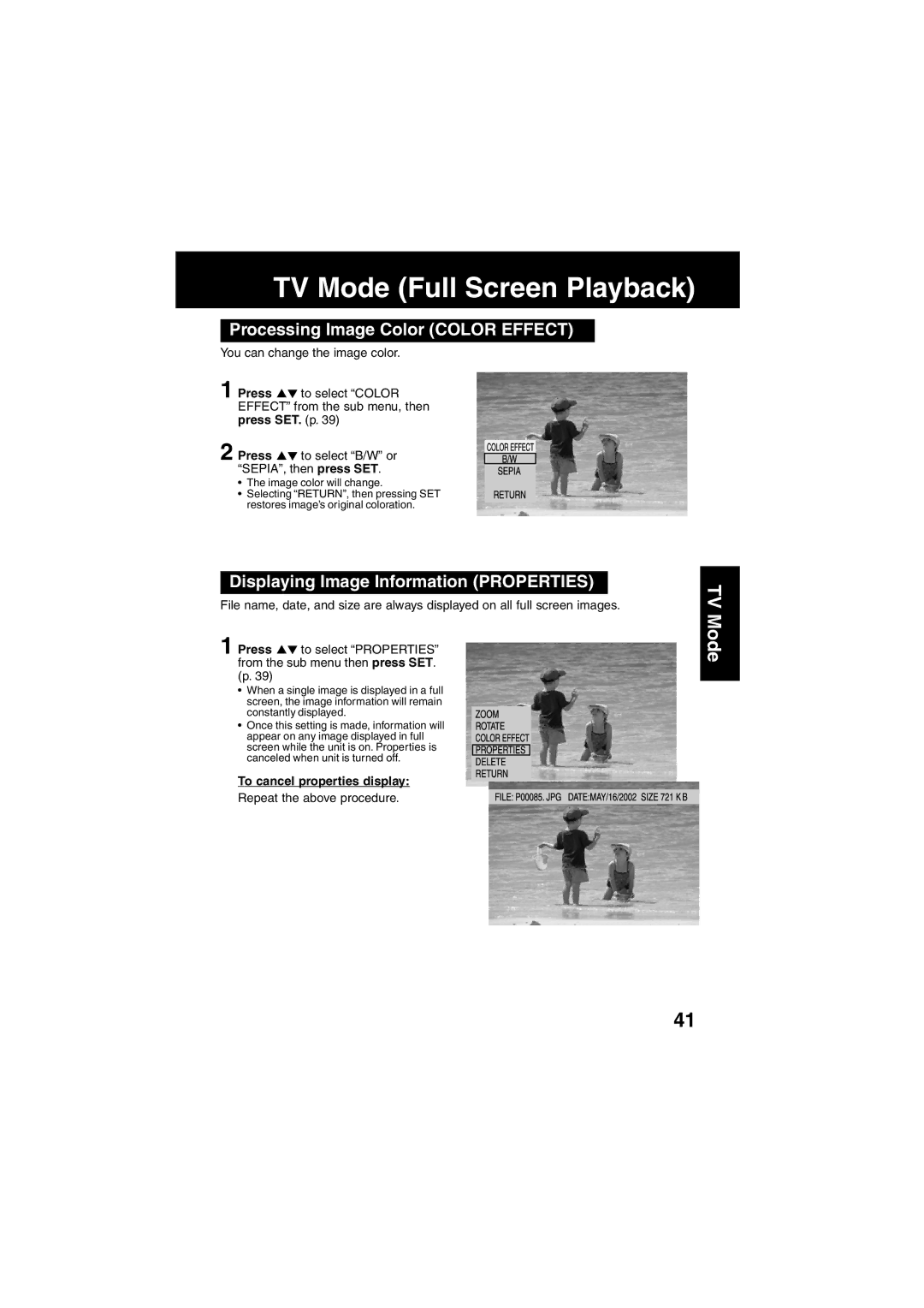 Panasonic SV-PT1PP operating instructions Processing Image Color Color Effect, Displaying Image Information Properties 