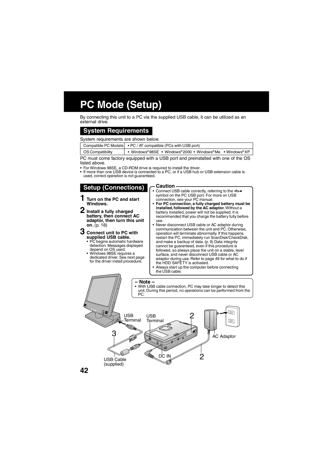 Panasonic SV-PT1PP operating instructions PC Mode Setup, System Requirements, System requirements are shown below, Usb 