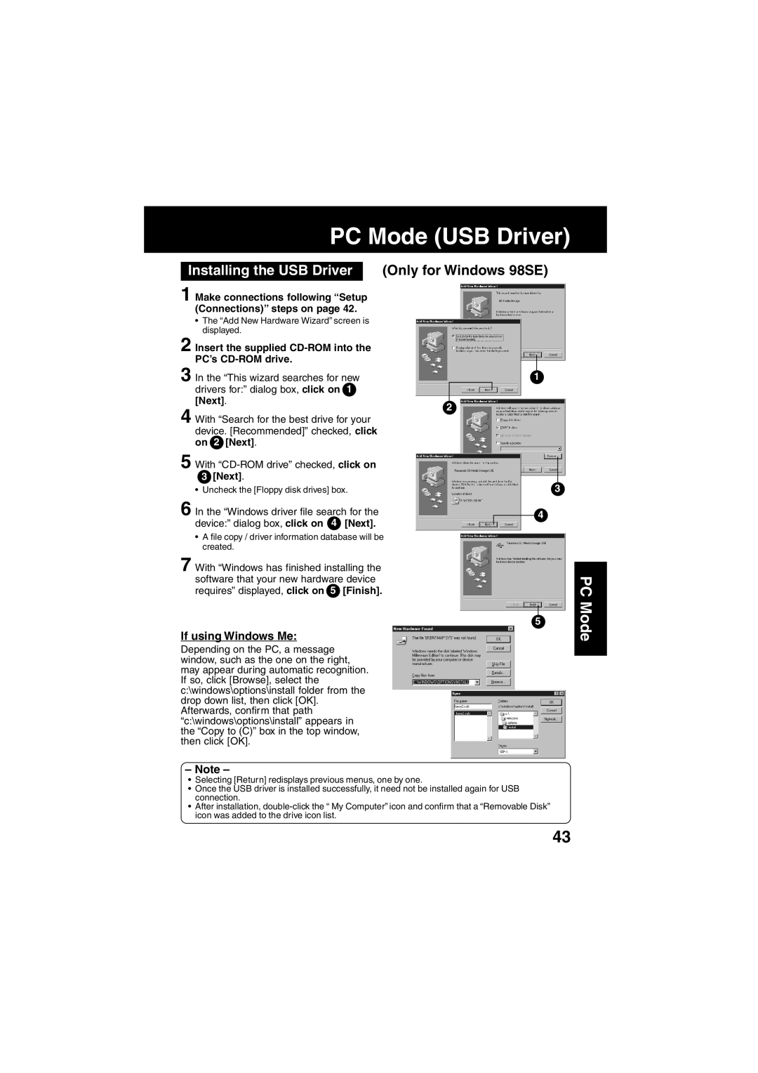 Panasonic SV-PT1PP operating instructions PC Mode USB Driver 