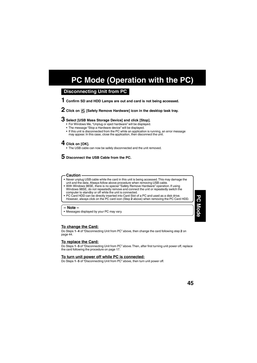 Panasonic SV-PT1PP operating instructions Disconnecting Unit from PC, To change the Card, To replace the Card 