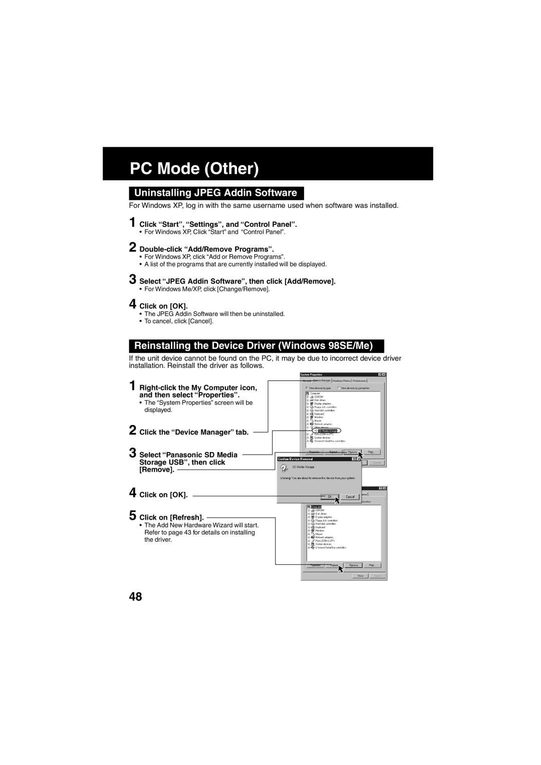 Panasonic SV-PT1PP PC Mode Other, Uninstalling Jpeg Addin Software, Click Start, Settings, and Control Panel 