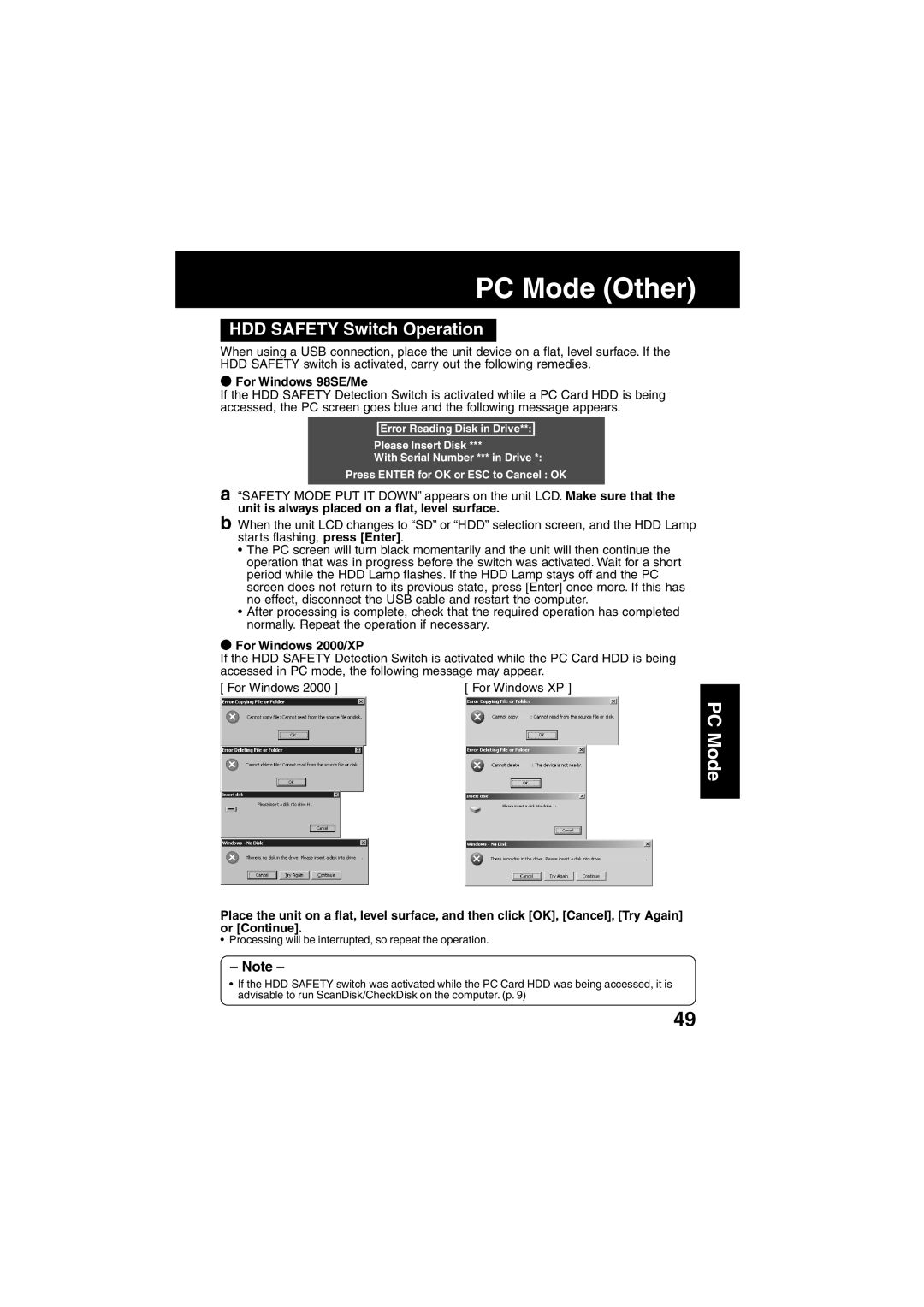 Panasonic SV-PT1PP operating instructions HDD Safety Switch Operation, For Windows 98SE/Me, For Windows 2000/XP 