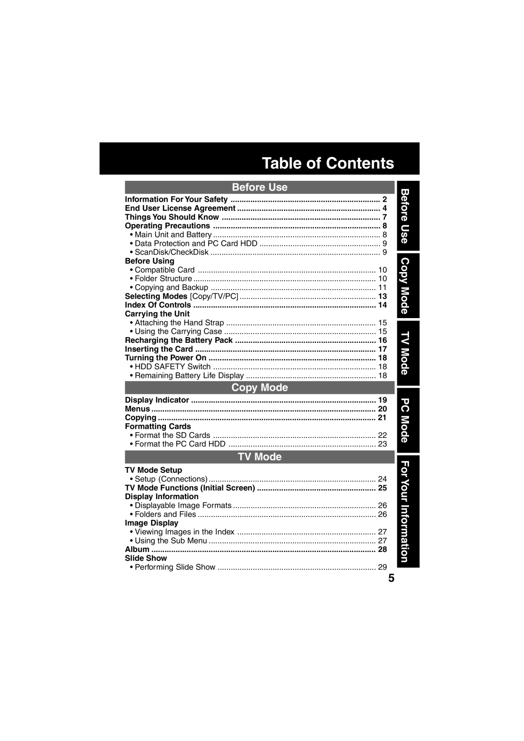 Panasonic SV-PT1PP operating instructions Table of Contents 