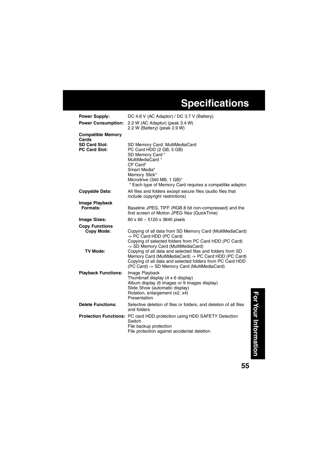 Panasonic SV-PT1PP operating instructions Specifications, Compatible Memory Cards, Image Playback, Copy Functions 