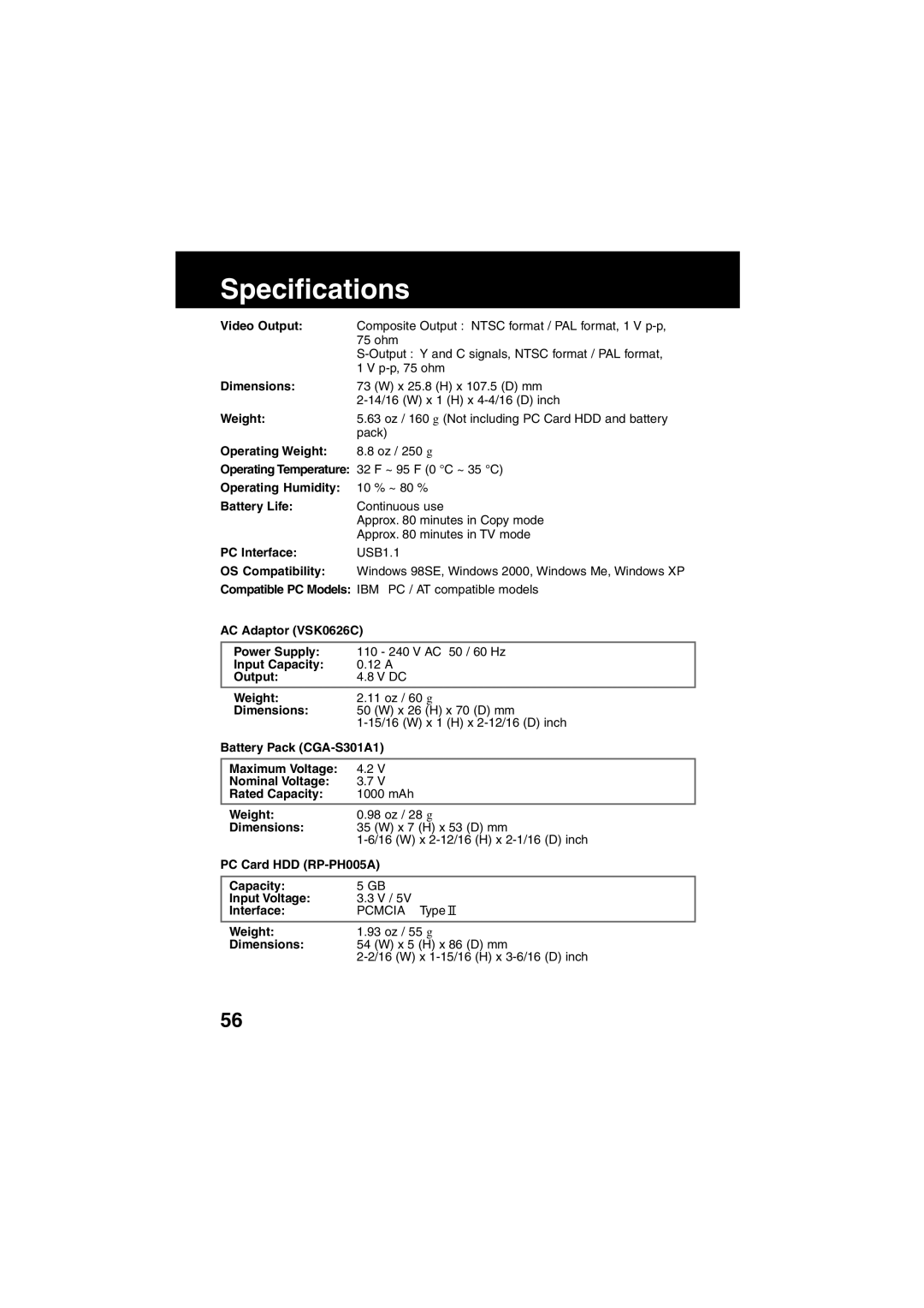 Panasonic SV-PT1PP Video Output, Dimensions, Operating Weight, Operating Humidity, Battery Life, PC Interface 