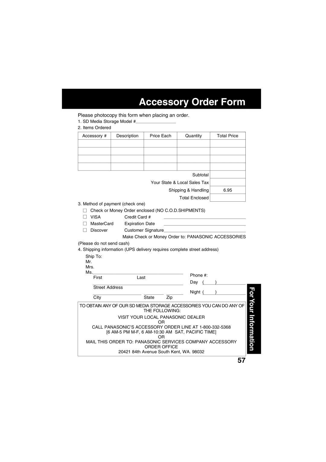 Panasonic SV-PT1PP operating instructions Accessory Order Form, Visa, AM-5 PM M-F, 6 AM-1030 AM SAT, Pacific Time 